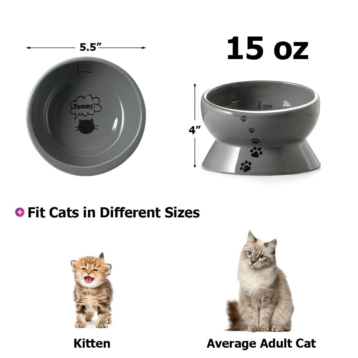 Y YHY Ciotola per Gatti Rialzata, Ciotola per Cibo e Acqua per Animali Domestici, Ciotola per Gatti e Cani di Piccola, Ciotola per Acqua per Gatti in Ceramica Inclinata Senza Fuoriuscite,15 Once