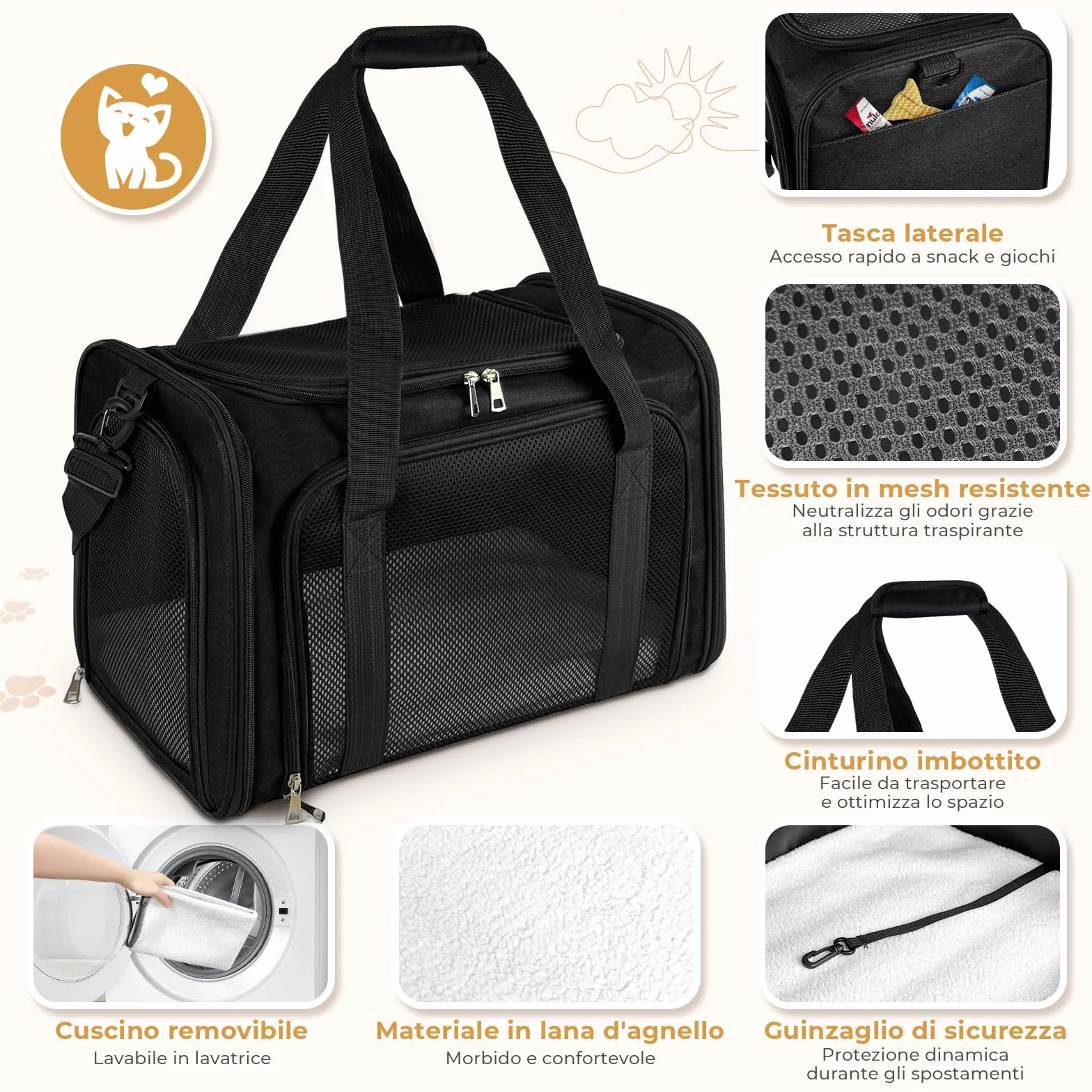 Trasportino per Gatti, 50x34x34cm Trasporto per Gatti e Animali fino a 8 kg, Trasportino per Animali Portatile Pieghevole, Trasportino per Viaggi Lunghi e Brevi (Nero)