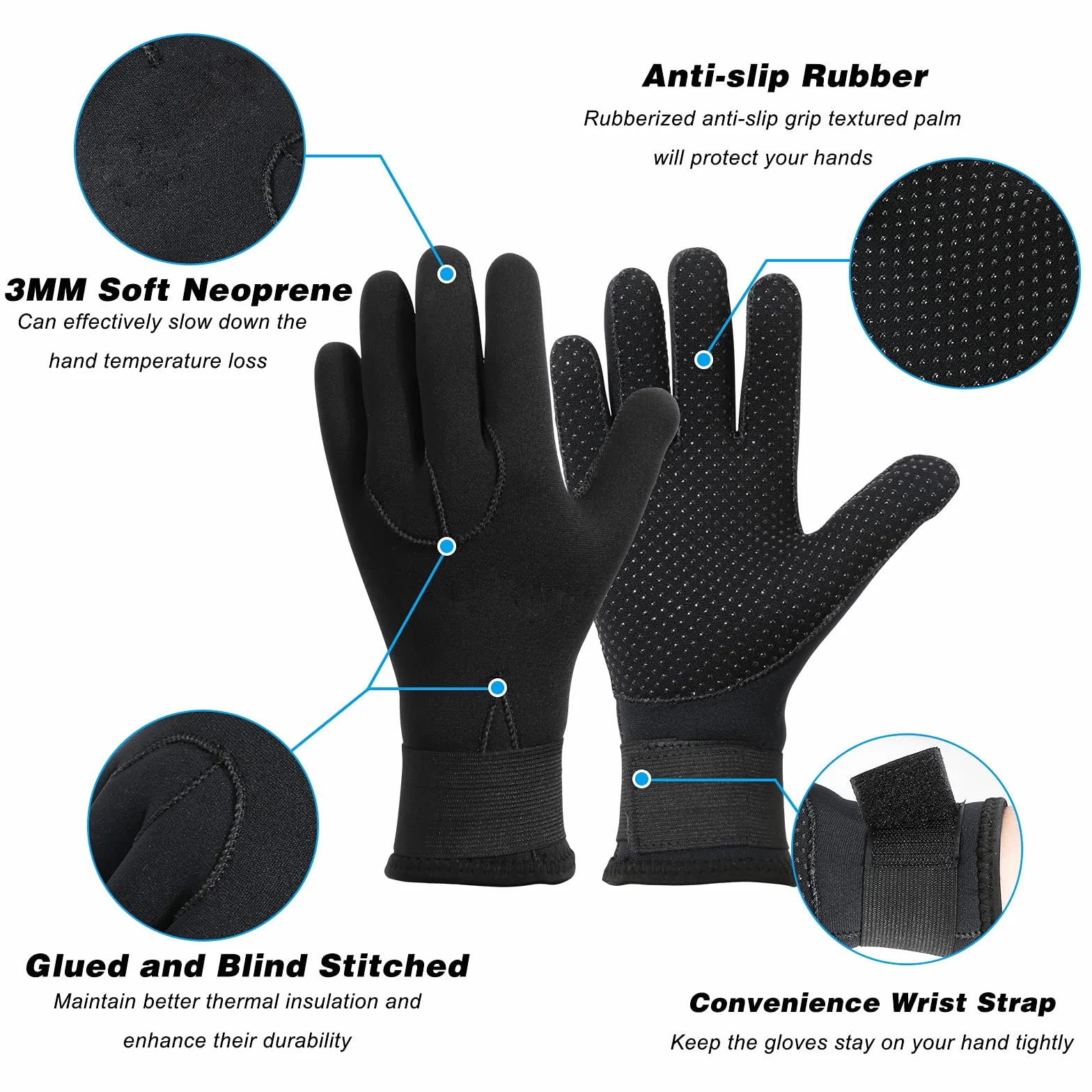 QKURT Guanti in Neoprene, 3mm Tropical Gloves High Stretch Gloves per uomini donne immersioni, surf, kayak, snorkeling, vela, canottaggio