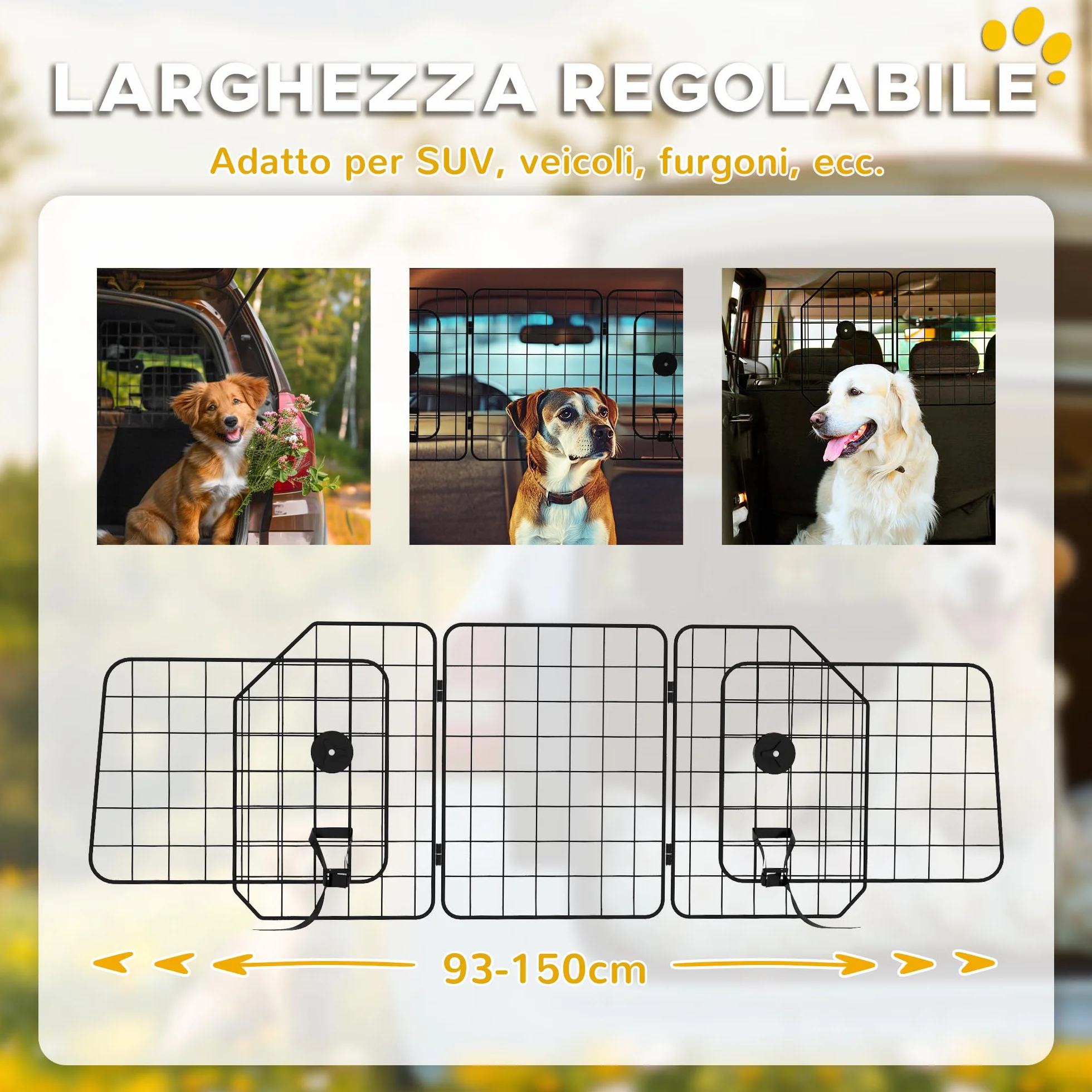 PawHut Griglia Divisoria Auto per Cani Universale, Barriera per Cani con Larghezza Regolabile e Pieghevole, 93-150x42cm, Nero