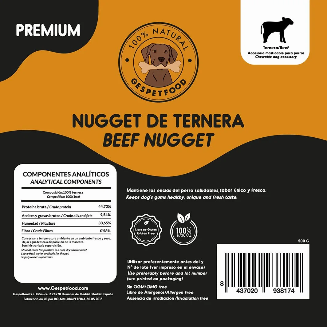 Snack Disidratato per Cani - Nugget di Vitello - 2 Sacchetti da 500 g - 100% Carne di Manzo - Gusto Unico - Gengive Sane - Dolci per Cani - Prodotto in Spagna - GESPETFOOD
