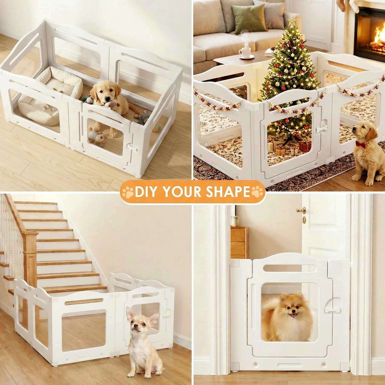 MAMIZO Recinto per Cani Acrilico 129 × 68 × 60 cm, Box per Cuccioli con Ventose, Box per il Parto Cani con Porta a Chiusura, 6PCS Pannelli Parco per Cani adatto Appartamento, Bianco