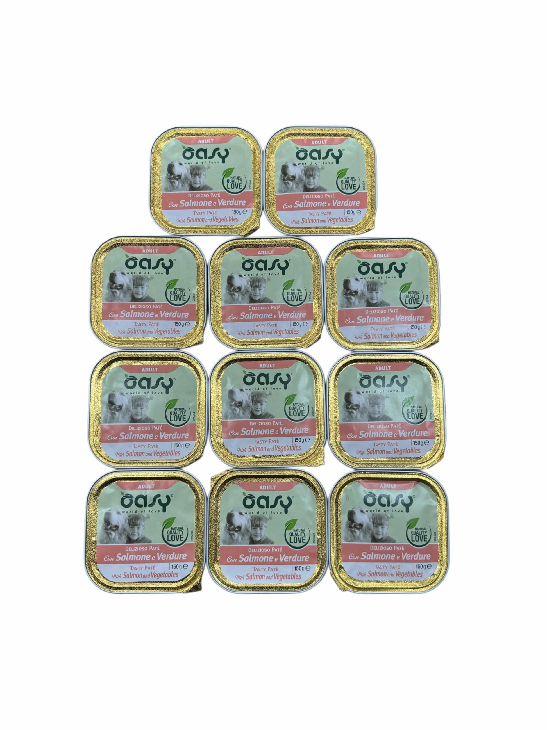 Oasy delizioso patè per cani adulti di tutte le taglie, gusto SALMONE e VERDURE | 11 vaschette da 150 grammi l'una.