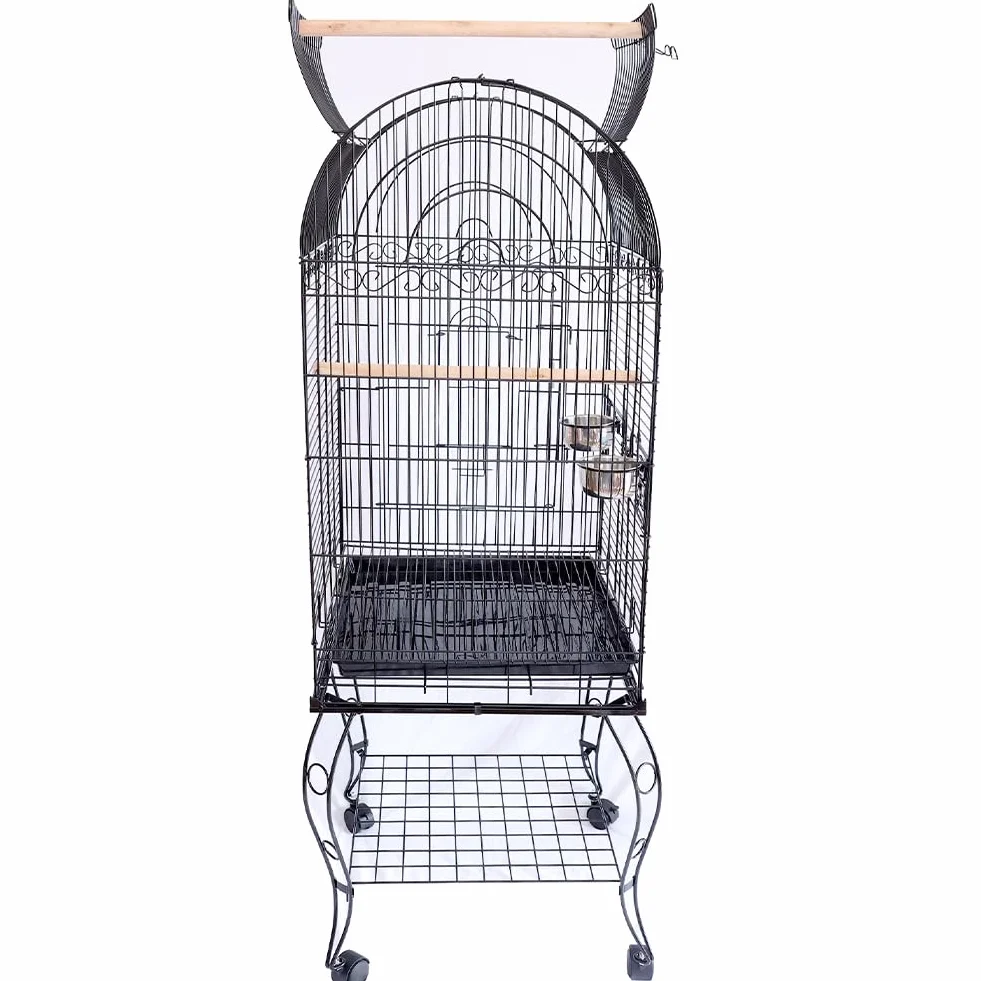 BAKAJI Gabbia Voliera per Uccelli, Pappagalli Inseparabili, Parrocchetti, Volatili con Carrello e Tetto Apribile in Metallo e Legno Nero Gabbietta con Posatoi e Ruote con Blocco, 59 x 59 x 150 cm