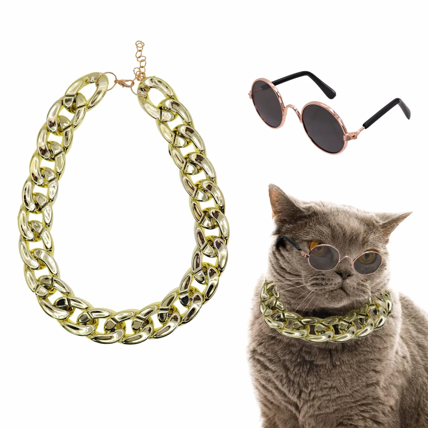 Occhiali da sole per gatti, costume da sole, collare, catena per cani di piccola taglia, occhiali da sole rotondi, occhiali da sole per feste, cosplay, accessori per foto, simpatici occhiali da sole