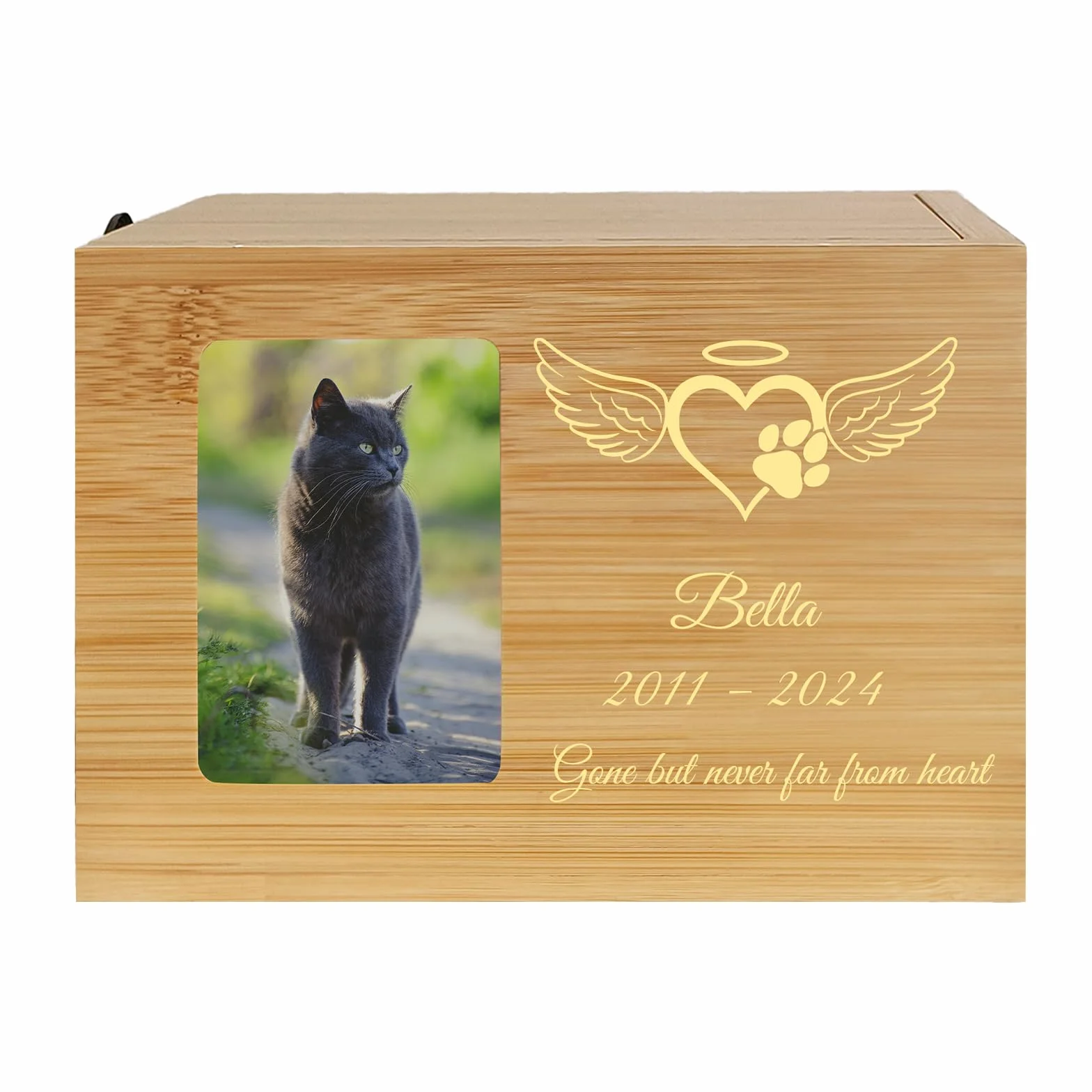 Urna commemorativa Personalizzata per Animali con Foto, Nome, Data e Testo inciso, in Legno o bambù di Dimensioni Medie per Cani, Gatti e Conigli (bambù)