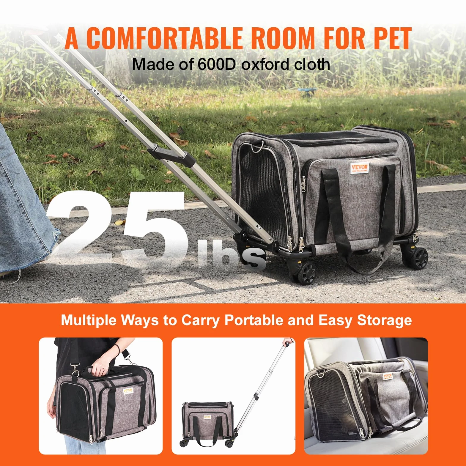 VEVOR Trasportino per Cani e Gatti Approvato dalla Compagnia Aerea, Carico Massimo 11,3 kg Borsa per Animali Domestici con Maniglia Telescopica con Ruote, Tessuto Oxford 600D, Cerniera Autobloccante