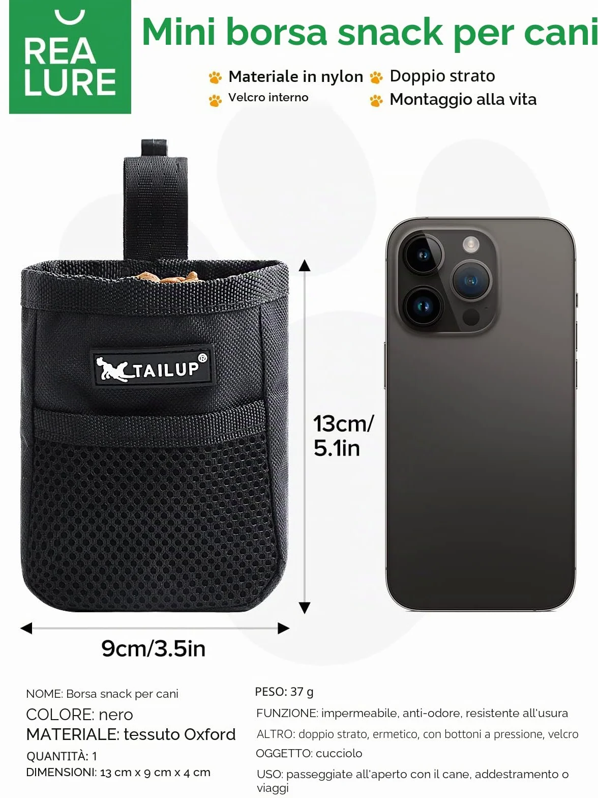 Realure Borsa Addestramento Cane, Porta Snack Cane con Clip di Fissaggio, Sacchetto Addestramento Cane, Porta Crocchette per Cani Addestramento, Porta Premi per Cani, Adatto all'Uso Esterno (Nero)