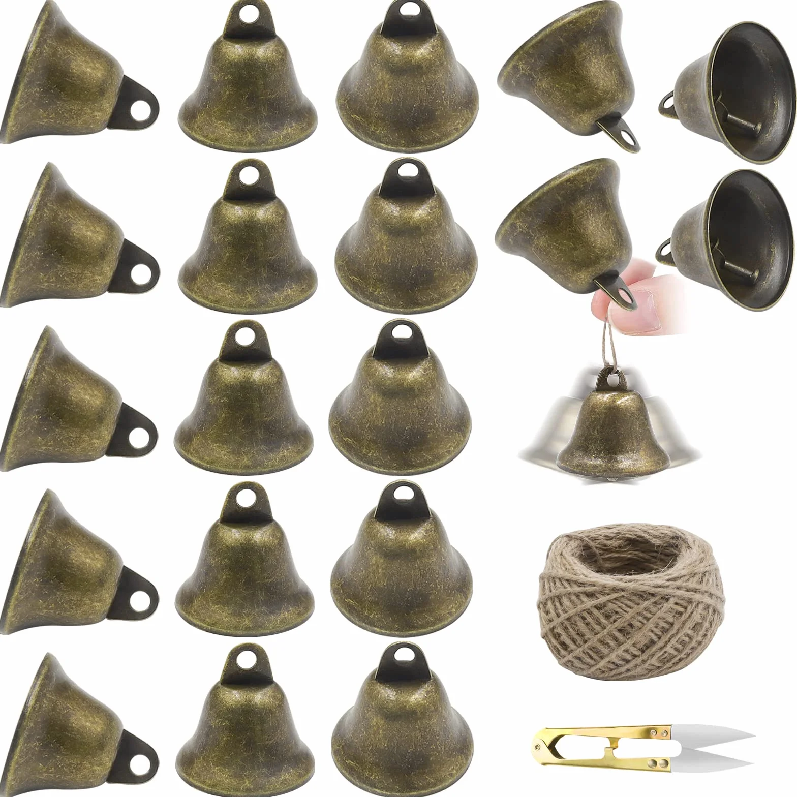 20 campanelle vintage, per decorazione domestica, campanelli eolici, matrimoni, campane di Natale, addestramento del cane, con 1 corda di canapa e 1 paio di forbici piccole