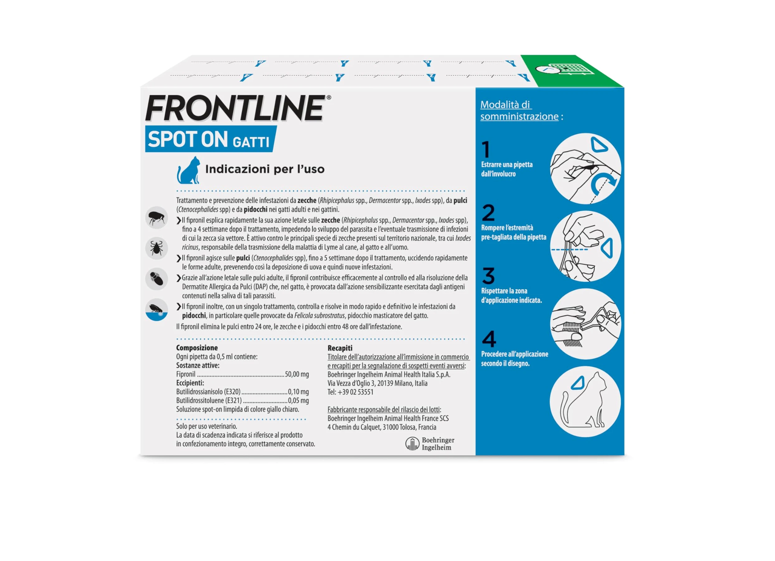 FRONTLINE Spot On, 4 e 4 Pipette, Gatto, Antiparassitario per Gatti e Gattini di Lunga Durata, Protegge da Zecche, Pulci e Pidocchi, Antipulci in Confezione da 8 Pipette da 0.5 ml