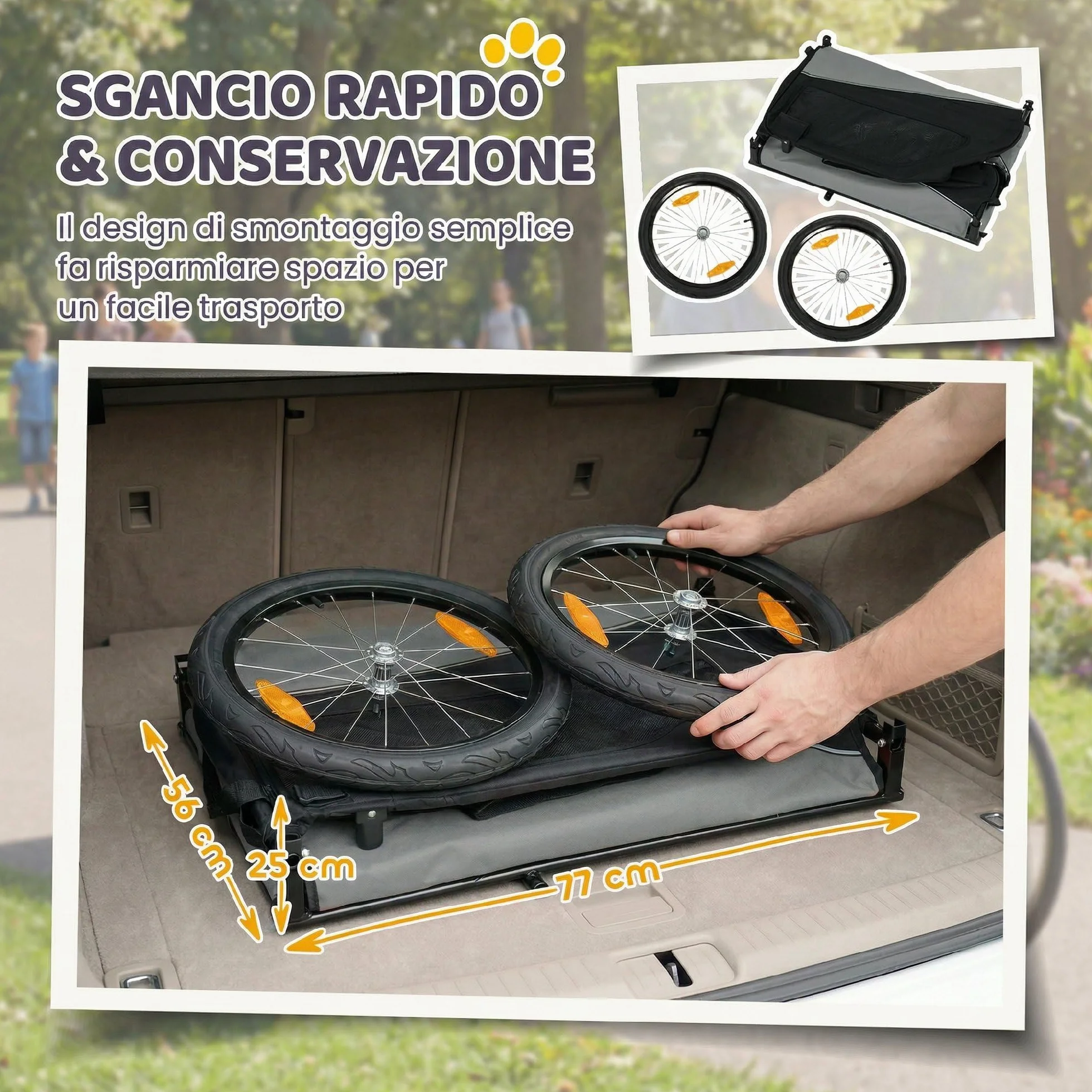 PawHut Rimorchio Bici per Cani Pieghevole con Ruote Gonfiabili a Sgancio Rapido, Ampie Finestre, Carrello Bicicletta Cani Media 20 kg, Catarifrangenti, Guinzaglio, Bandierina, Metallo e 600D Oxford