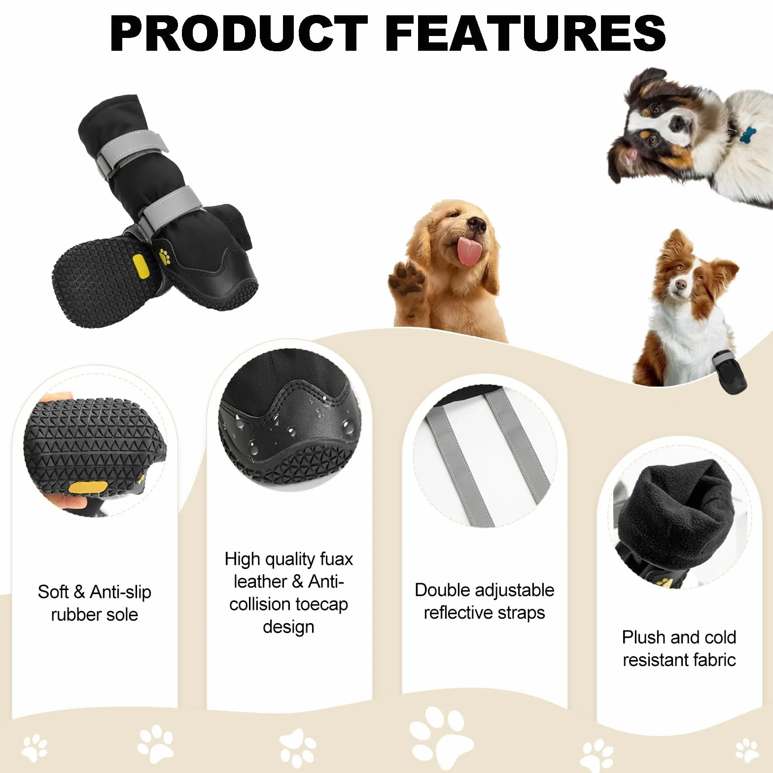 Scarpette Cane Antiscivolo Impermeabili con Cinghie Riflettenti, Suola in Gomma Protezione Zampe 4 Pezzi XL Nero
