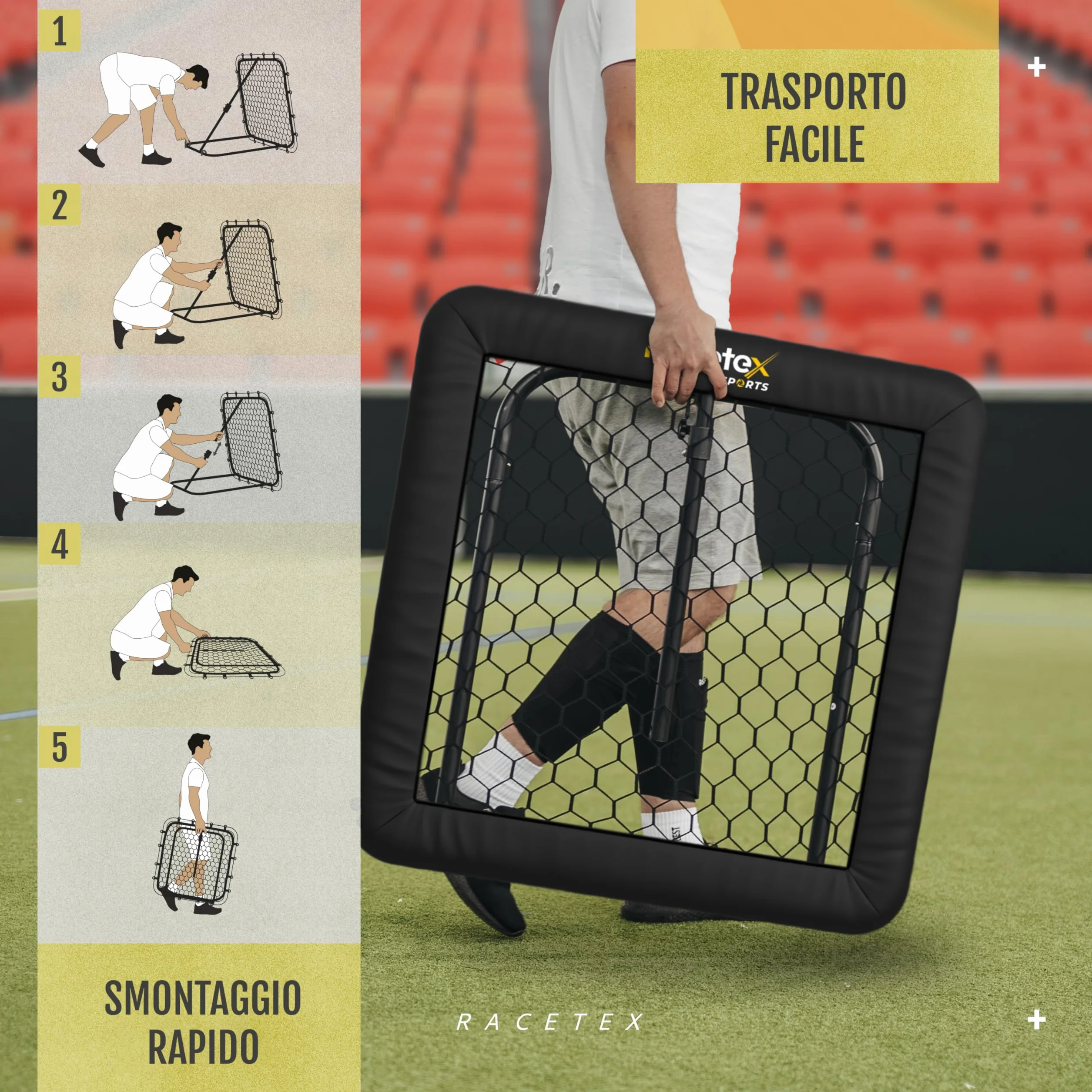 Racetex Rimbalzo per calcio 100 x 100 cm [con copertura] – Rimbalzo da calcio con struttura robusta – Regolabile in modo continuo – Calcio per tiro, passaporto e allenamento