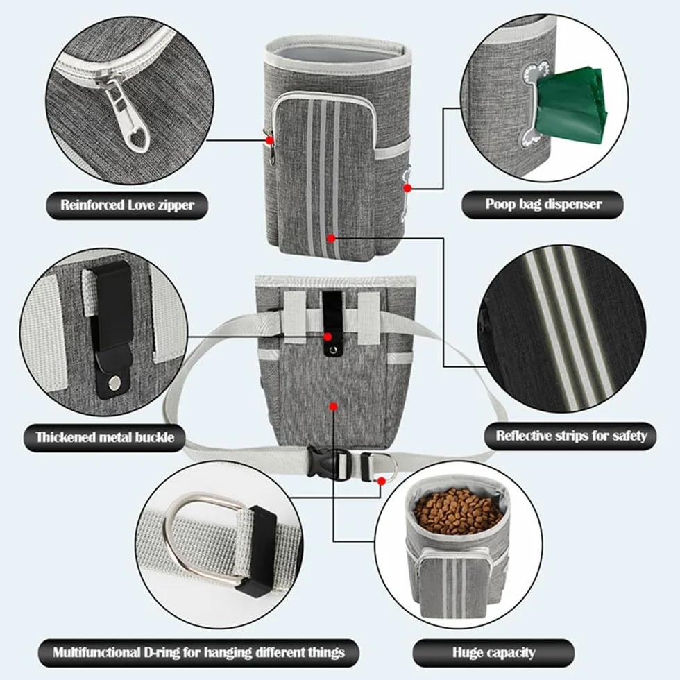 Sacca per Cani Portatile, con Ventosa Magnetica per Cani, per Snack, per Cani e addestramento, con Dispenser per Sacchetti, da Appendere (Grigio)