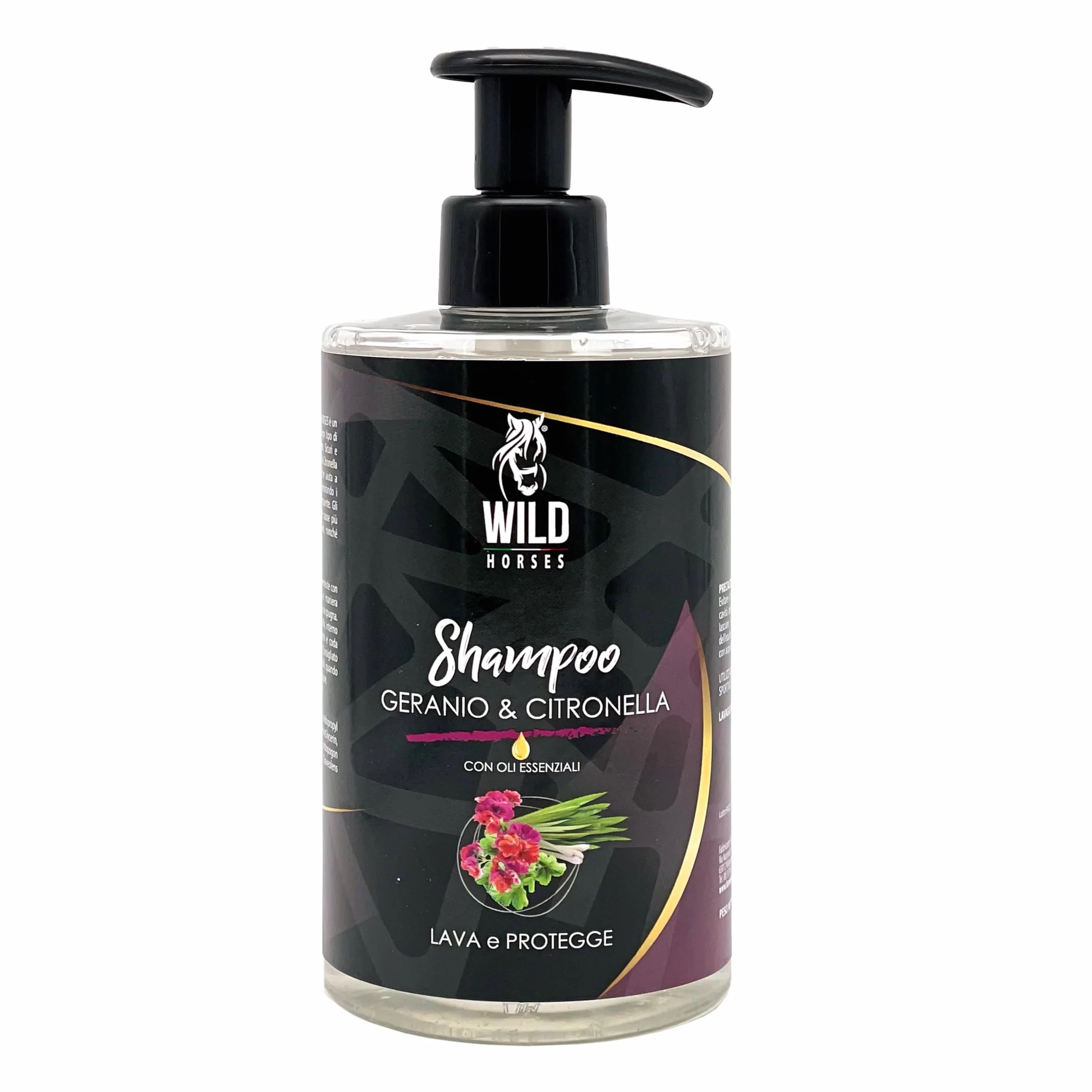 Wild Horses | Shampoo per Cavalli Geranio & Citronella con Oli Essenziali, Rinfresca e Protegge, Elimina i Cattivi Odori, Barriera Naturale, Adatto a Tutti i Tipi di Manto, 500ml, Made in Italy