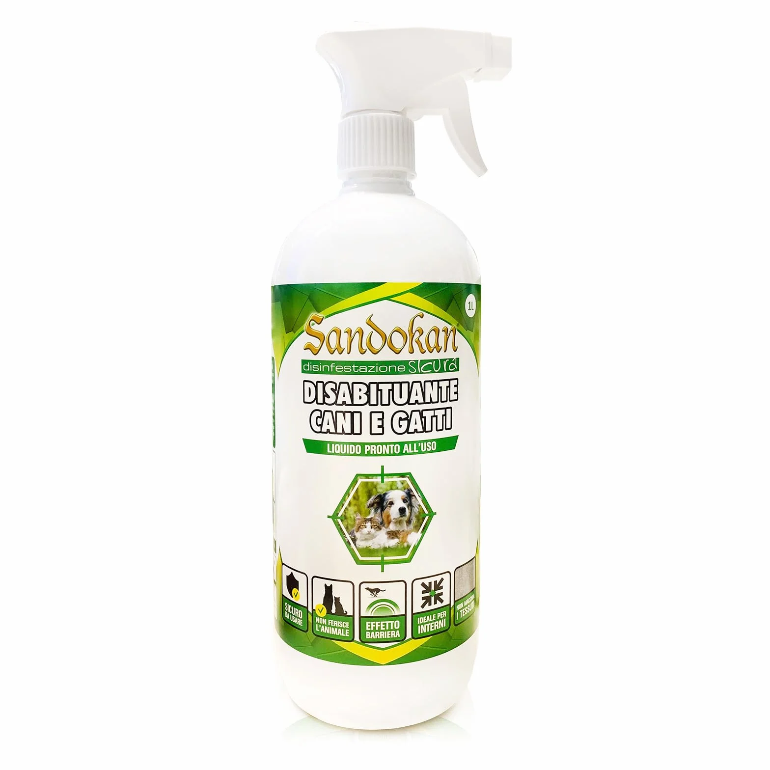 Sandokan, Disabituante Cani e Gatti Spray 1L, Repellente per Gatti e Cani Educativo No Gas, Dissuasore per Gatti e Cani Liquido per Esterno e Interno, Non Tossico, Sicuro Per Animali, Made in Italy