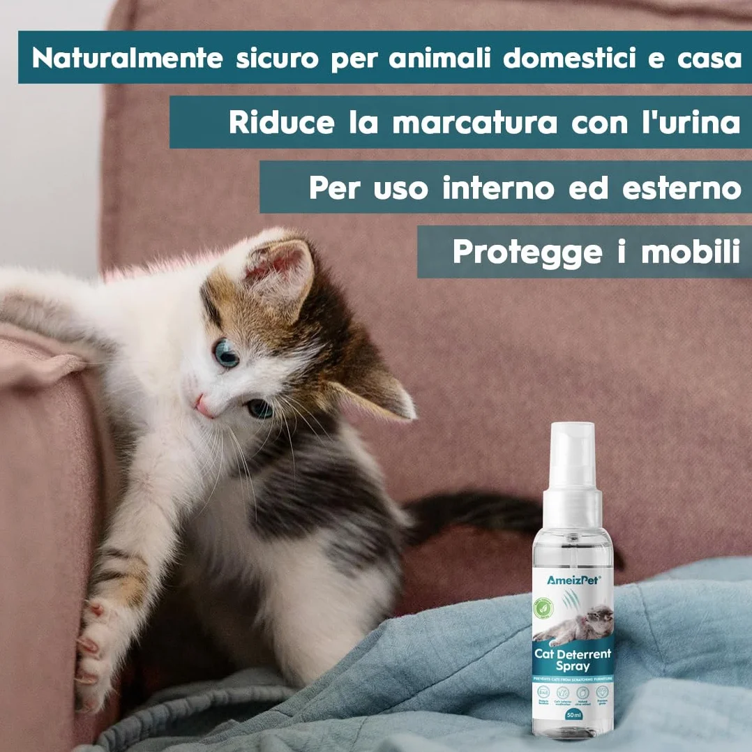 AmeizPet Spray Disabituante per Gatti, Repellente per Gatti, Smetti di Graffiare Mobili, Tappeti, Tende e Piante, Soluzione Sicura ed Efficace, Uso Interno & Esterno, 50 ml (1,69 FL oz)