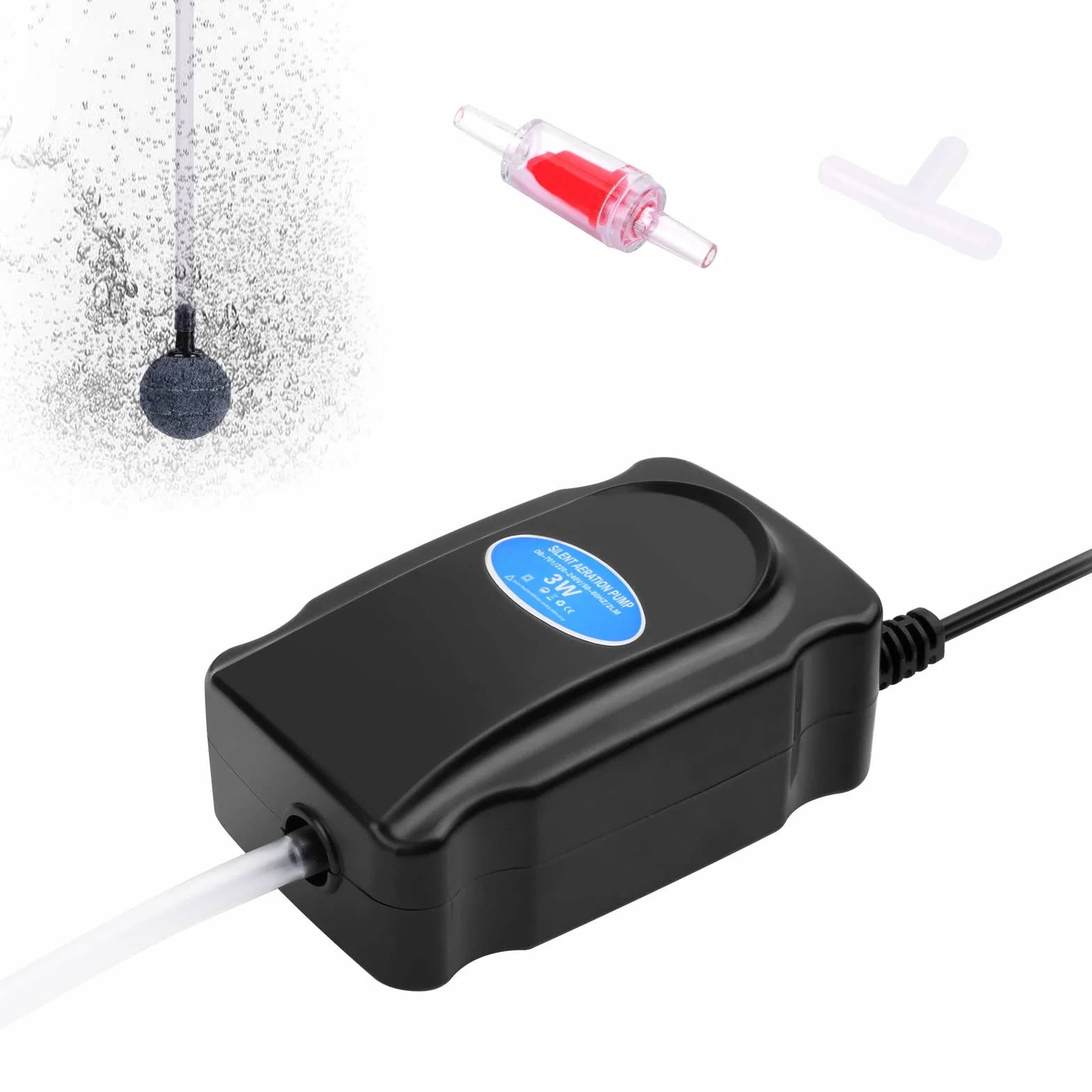 Flintronic Ossigenatore per Acquario, 3W Pompa Ad Aria per Acquario Regolabile Ultra-silenziosa, con 1.5M Tubo in Silicone, Air Stone, Valvola Di Ritegno e Raccordo a T, per Ac-quario da 5-300L