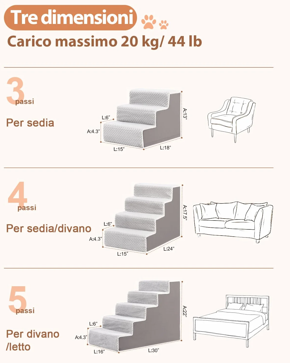 Scala per cani di piccola taglia alta 44 cm con rivestimento lavabile rimovibile antiscivolo per letto divano grigio
