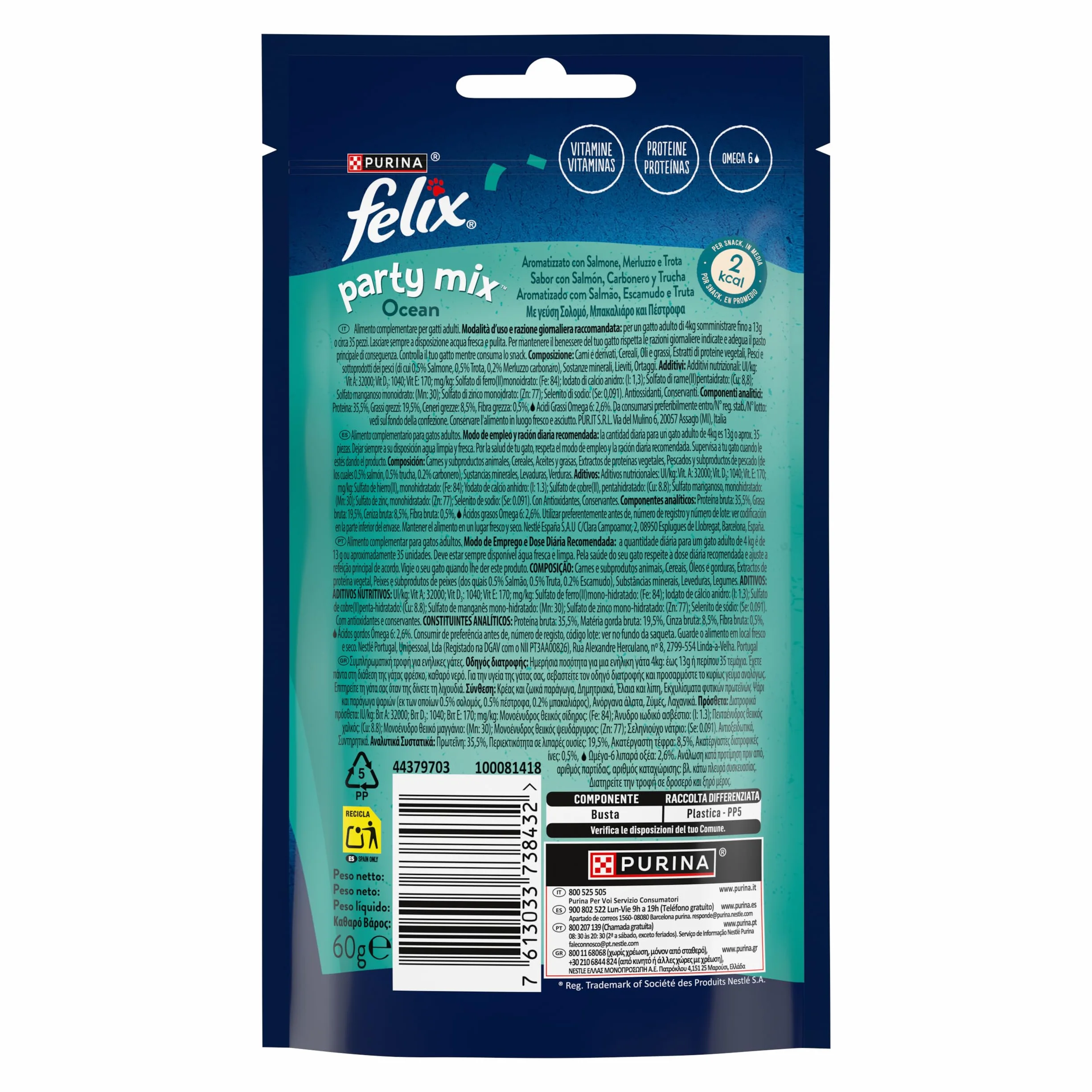 FELIX Party Mix Snack per Gatti Adulti - Croccantini per Gatti con Salmone, Merluzzo e Trota, 8 Confezioni da 60 g