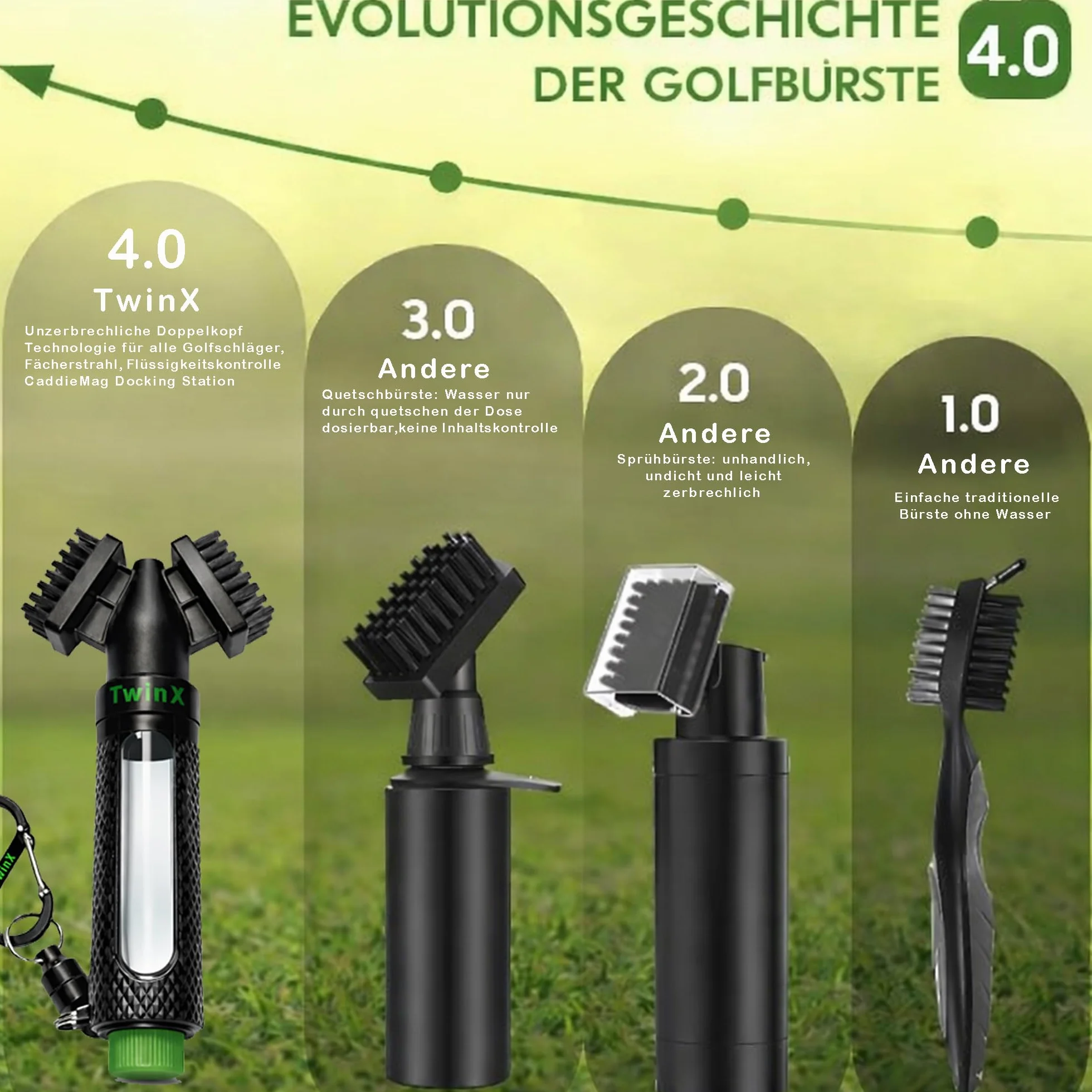 Spazzola da golf Premium con serbatoio acqua e funzione spray, doppia setole, magnete e moschettone