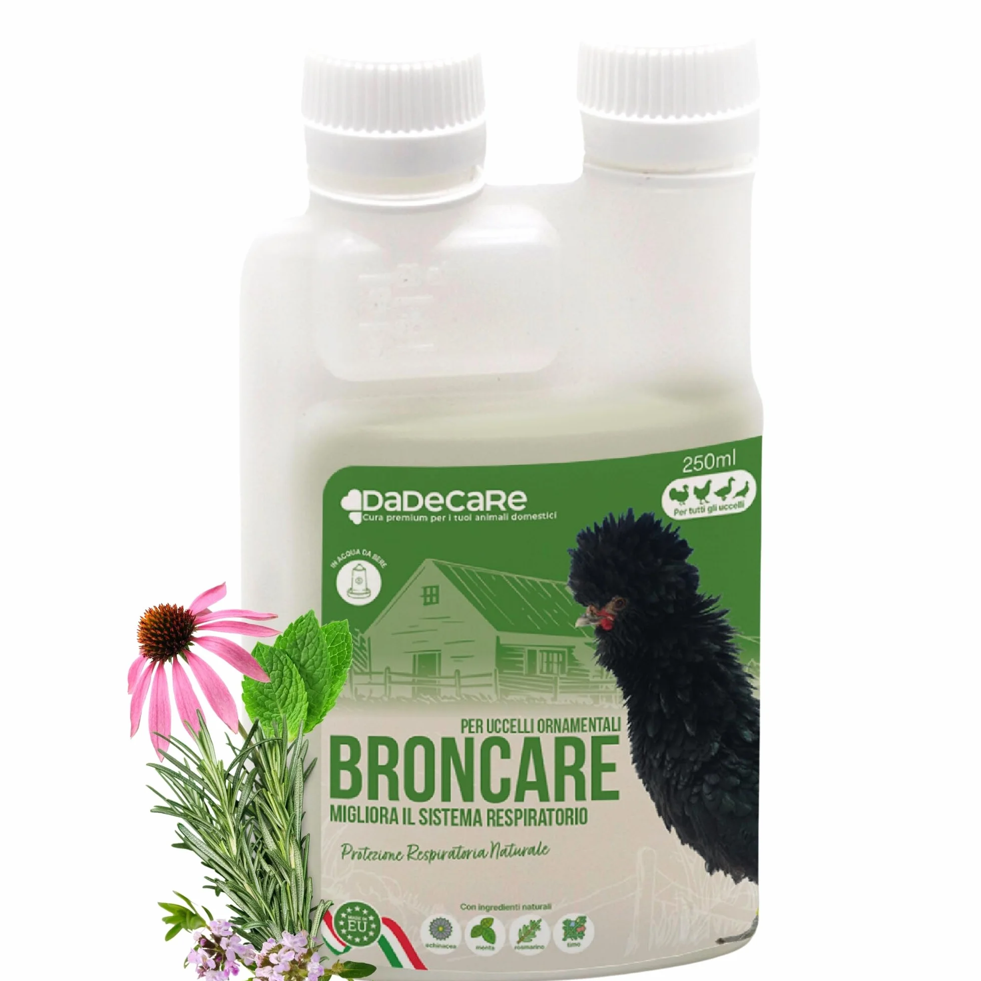Broncare Respiratorio 250 ml con ADEC - Polli, Uccelli da Cortile ed Esotici - Oli Essenziali, Supporto Immunitario e Respiratorio - Equiseto, Menta, Timo e Rosmarino