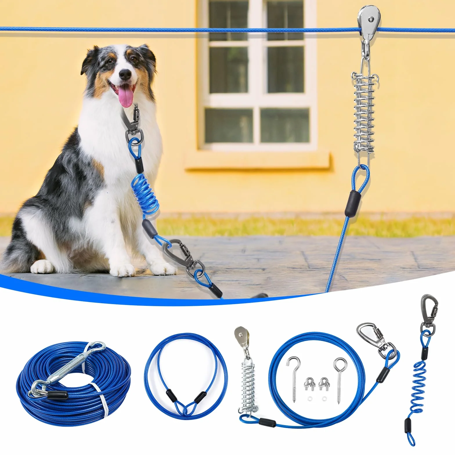 Runner per cortile, doppio sistema a carrello con assorbimento degli urti per cani di grossa taglia, cavo resistente da 30 m con guinzagli da 3 m, per cani fino a 113,4 kg, zipline aerea per esterni