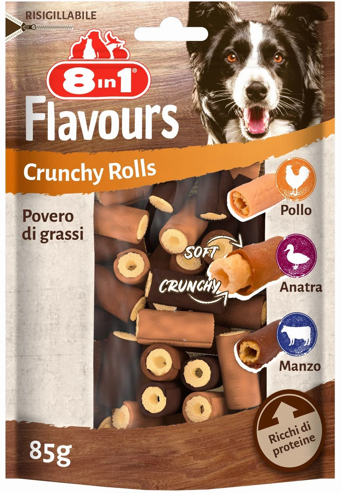 8in1 Flavours Crunchy Rolls - Croccanti snack per cani con petto di pollo, petto d'anatra o manzo, busta da 85 g