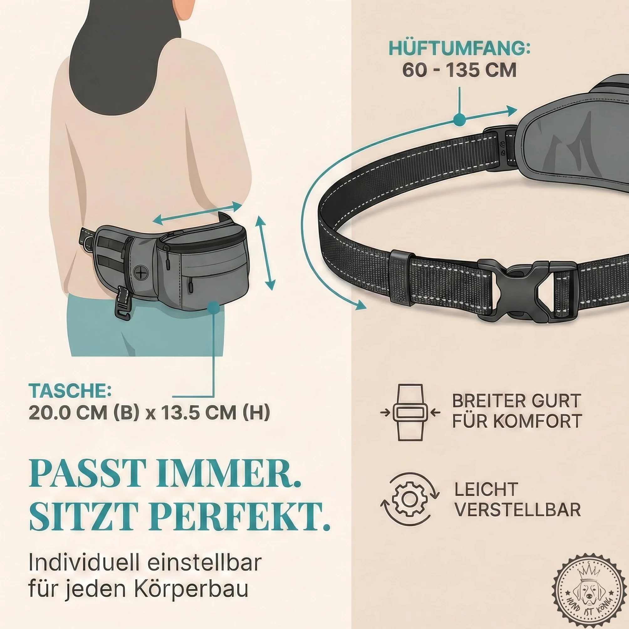HUND IST KÖNIG Borsa per cani e accessori per cani – Robusto marsupio per cani – Borsa per cibo per cani con dispenser per sacchetti, scomparto per cellulare e tracolla per cavi flessibili