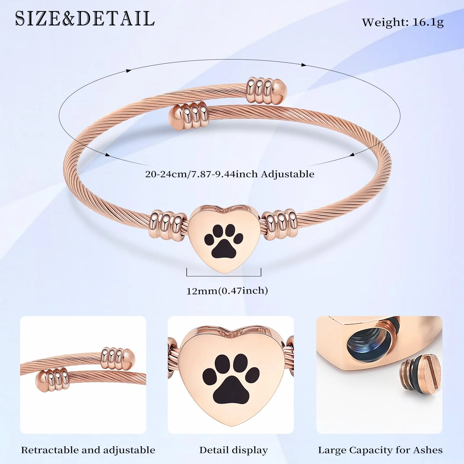 Braccialetto per ceneri, gioiello commemorativo in acciaio inox, a forma di zampa di animale domestico, a forma di cuore, urna con ciondolo a forma di urna per i propri cari, funerali,