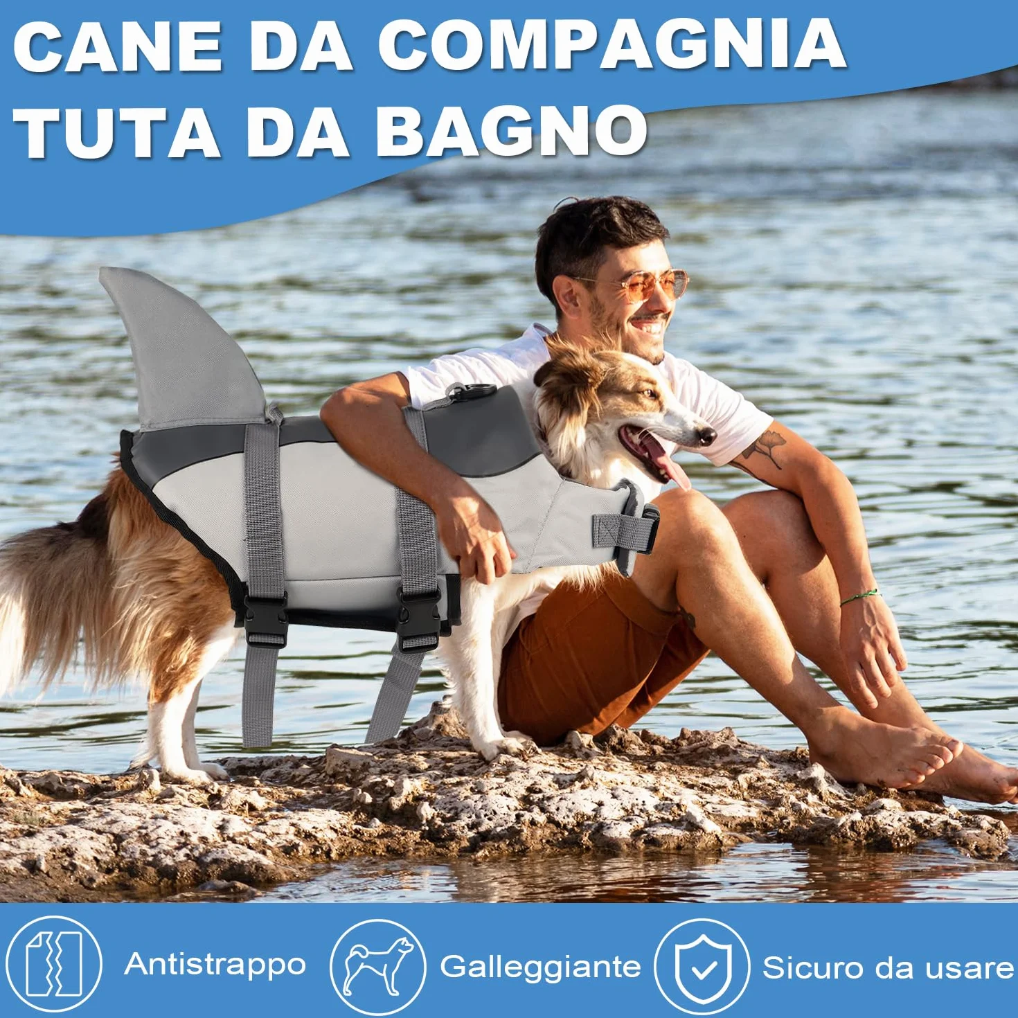 Voarge Giubbotti di salvataggio per cani squalo Salvagente Cane con Manico e Catarifrangente Grigio XS