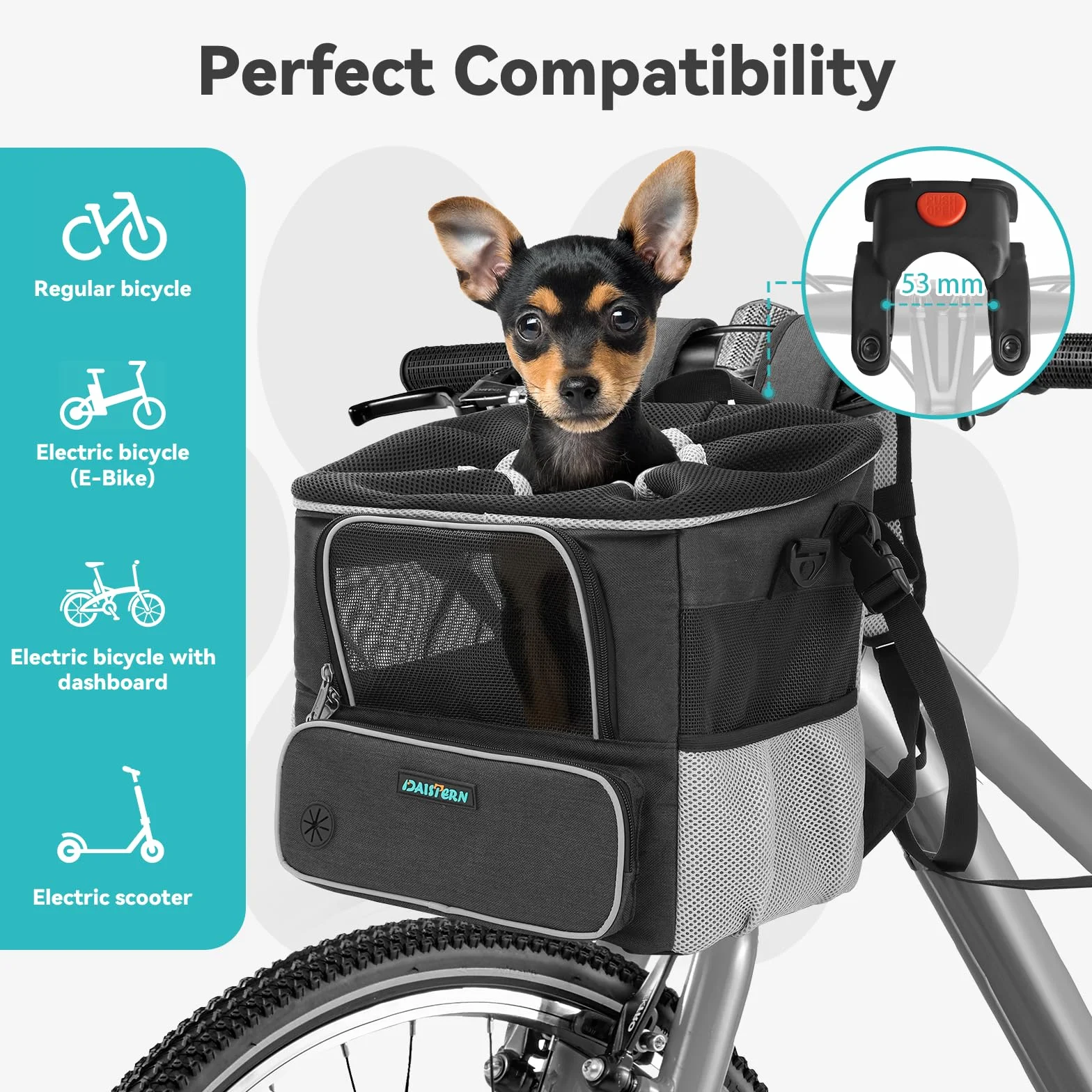 Cestino per Bicicletta per Cani fino a 3KG con Supporto Φ53mm, Zaino Multifunzione, Borsa a Tracolla e Seggiolino Auto con Finestre in Rete, Cuscino Impermeabile per Cuccioli