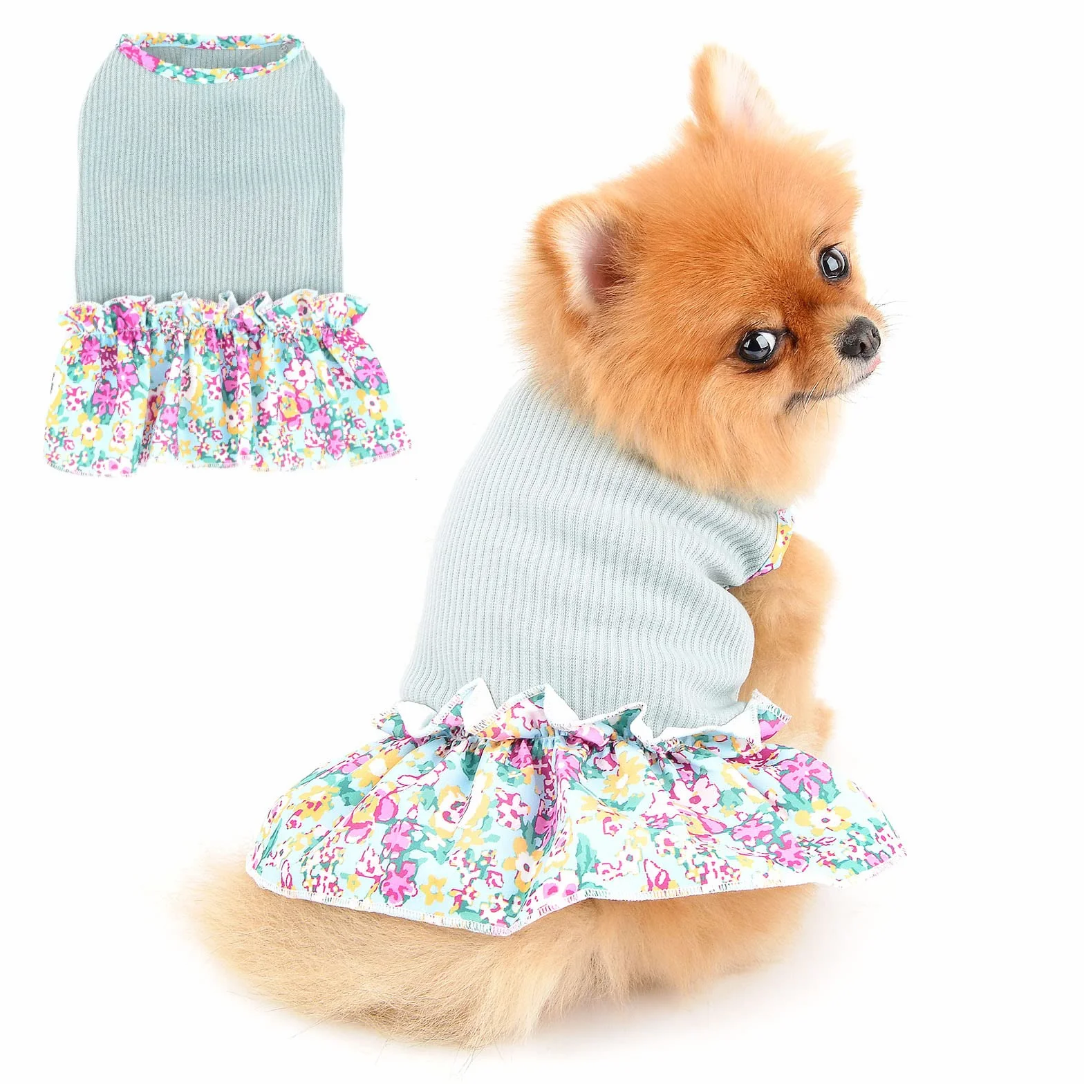 PAIDEFUL Cane Fiori Vestito per Cani di Piccola Taglia Media Gatti Ragazze Morbido Cotone Gilet Tee Gonna Arricciata Traspiranti Chihuahua Yorkie Vestiti Animali Domestici Primavera Estate Verde XL