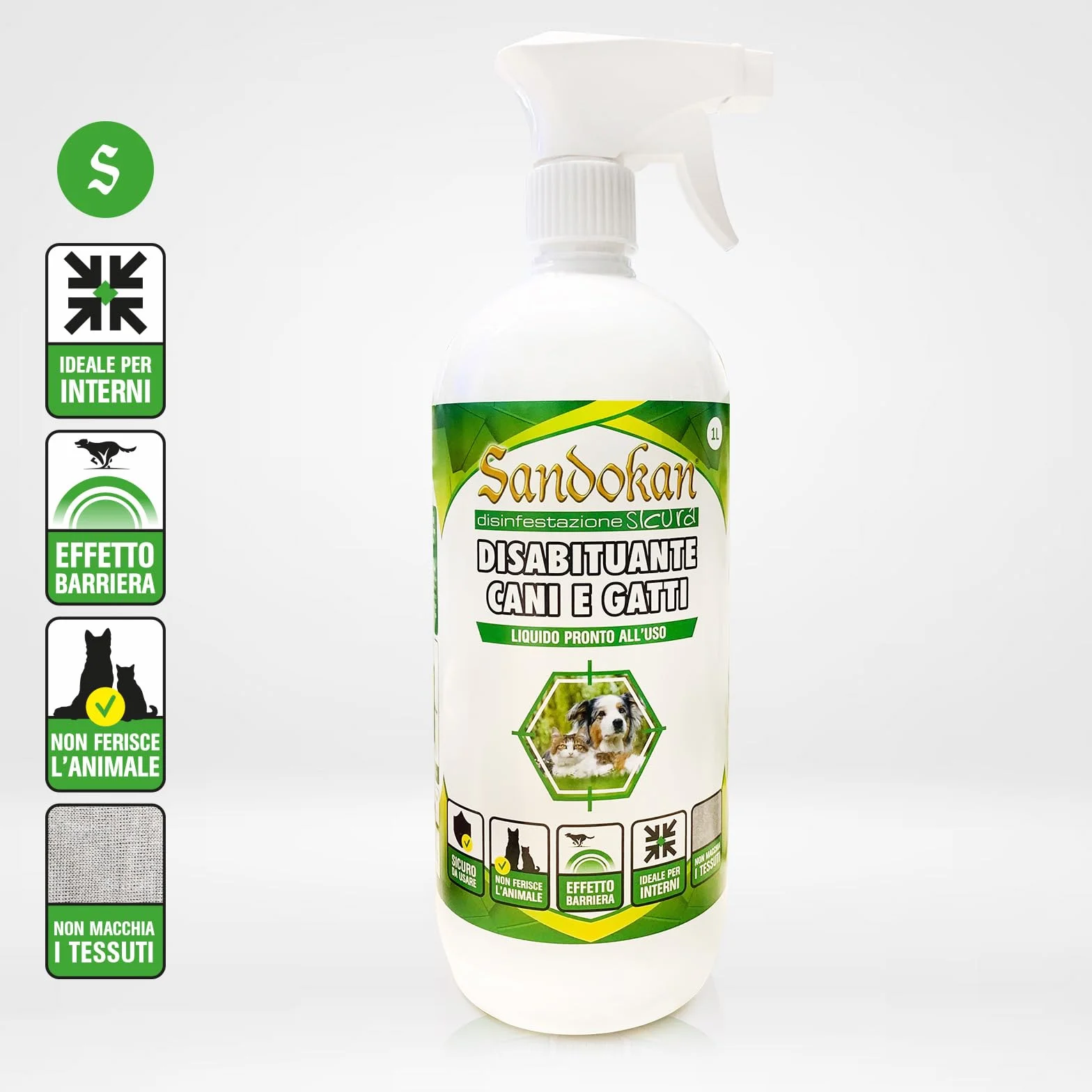 Sandokan, Disabituante Cani e Gatti Spray 1L, Repellente per Gatti e Cani Educativo No Gas, Dissuasore per Gatti e Cani Liquido per Esterno e Interno, Non Tossico, Sicuro Per Animali, Made in Italy
