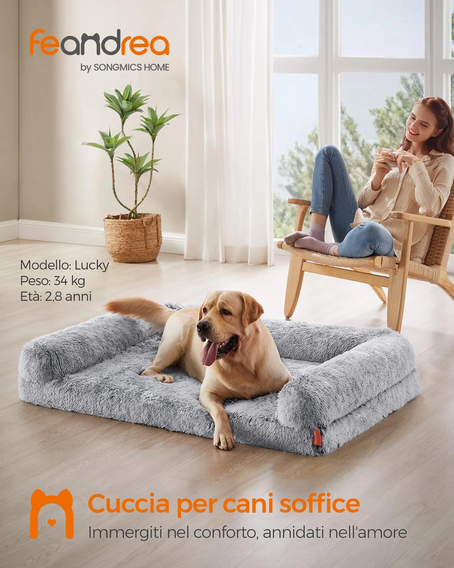 Feandrea FluffyHug Cuccia per Cani, Taglia XXL, Divano Letto per Cani di Taglia Grande, di Gommapiuma Ondulata, Copertura Lavabile Sfoderabile, 122 x 85 x 24 cm, Grigio Ombré PGW234G01