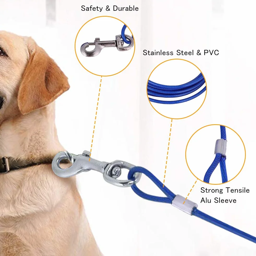 Dog Chain Extendable for Pets Long Steel Wire Dog Rope with Double Clips, Chew Resistant Tie Out for Picnic, Camping, Outdoor Use Secure Animal Safety with Durable Cord (Blue)