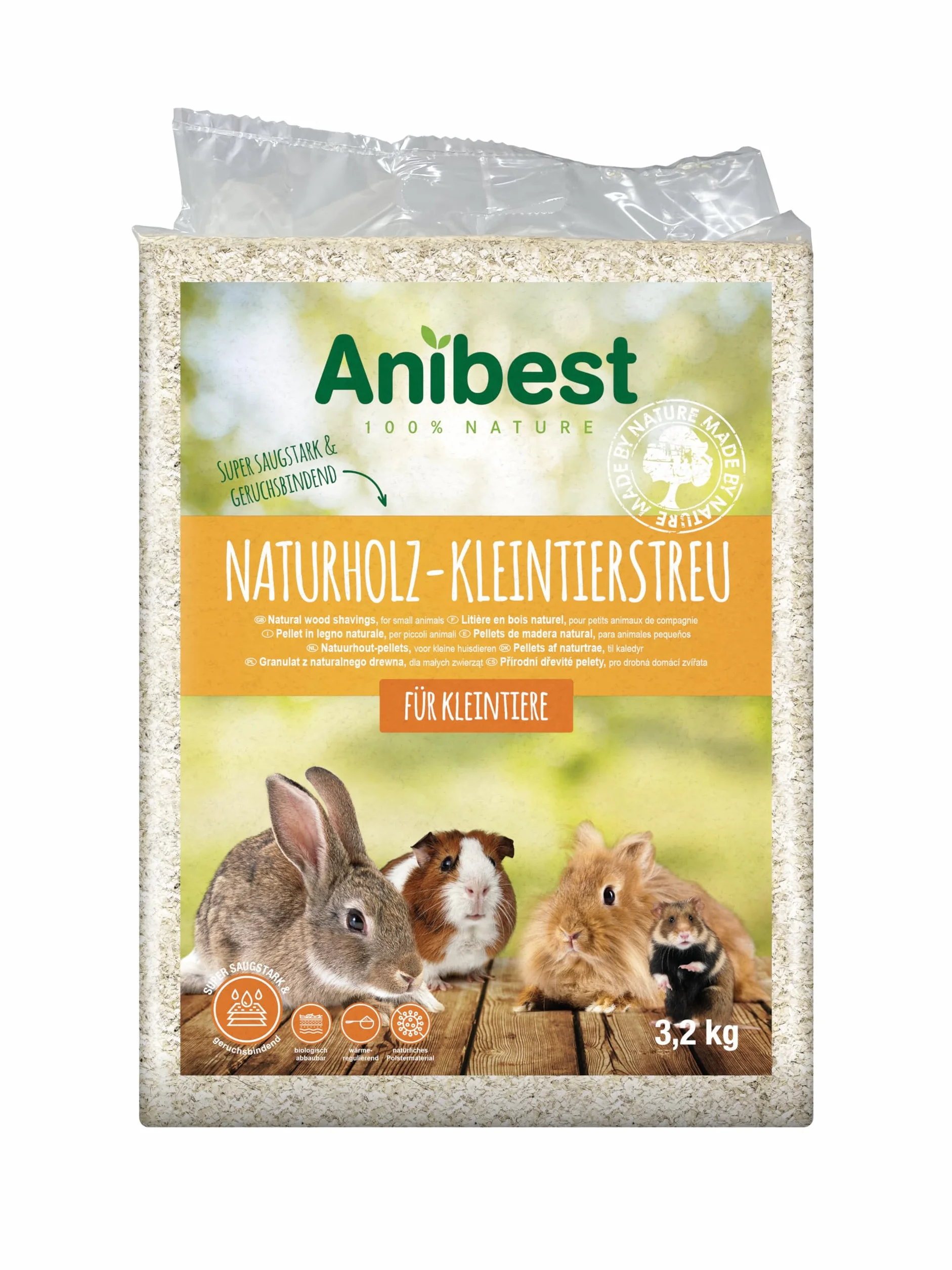 Anibest - Lettiera per piccoli animali, 100% naturale, per conigli, criceti, porcellini d'India, trucioli di legno morbido assorbente, privo di polvere e inodore, 3,2 kg/60 l