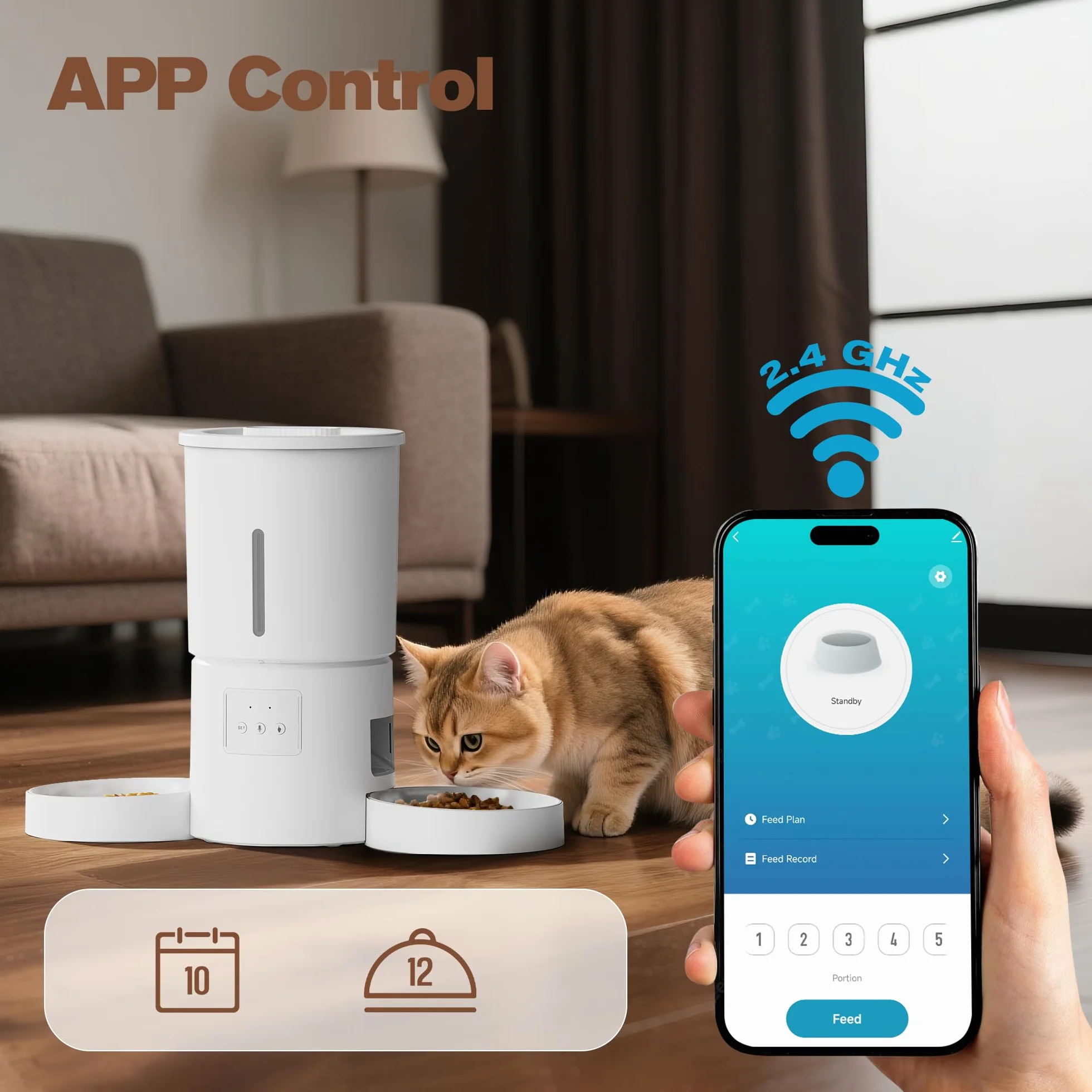 Distributore Automatico Cibo Gatti 2 Ciotole: 5L Distributore Automatico Cibo Cane con Timer WiFi 2.4G per Crocchette - Design Doppia Ciotola per Famiglie con Più Gatti & Cani - Bianco