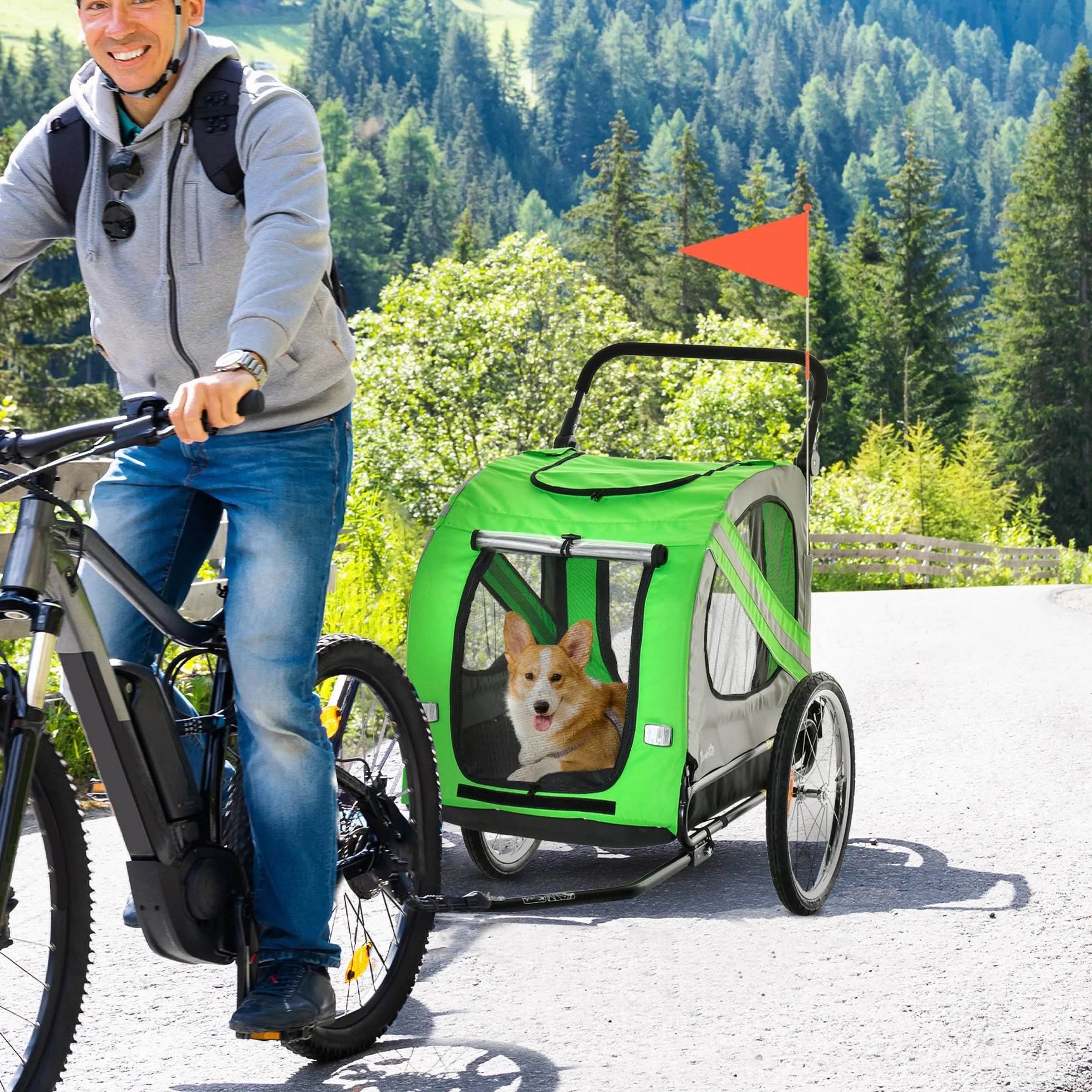 PawHut Rimorchio Bici e Passeggino per Cani 2 in 1, Carrello Bici in Acciaio e Tessuto Oxford con Catarifrangenti e Bandierina