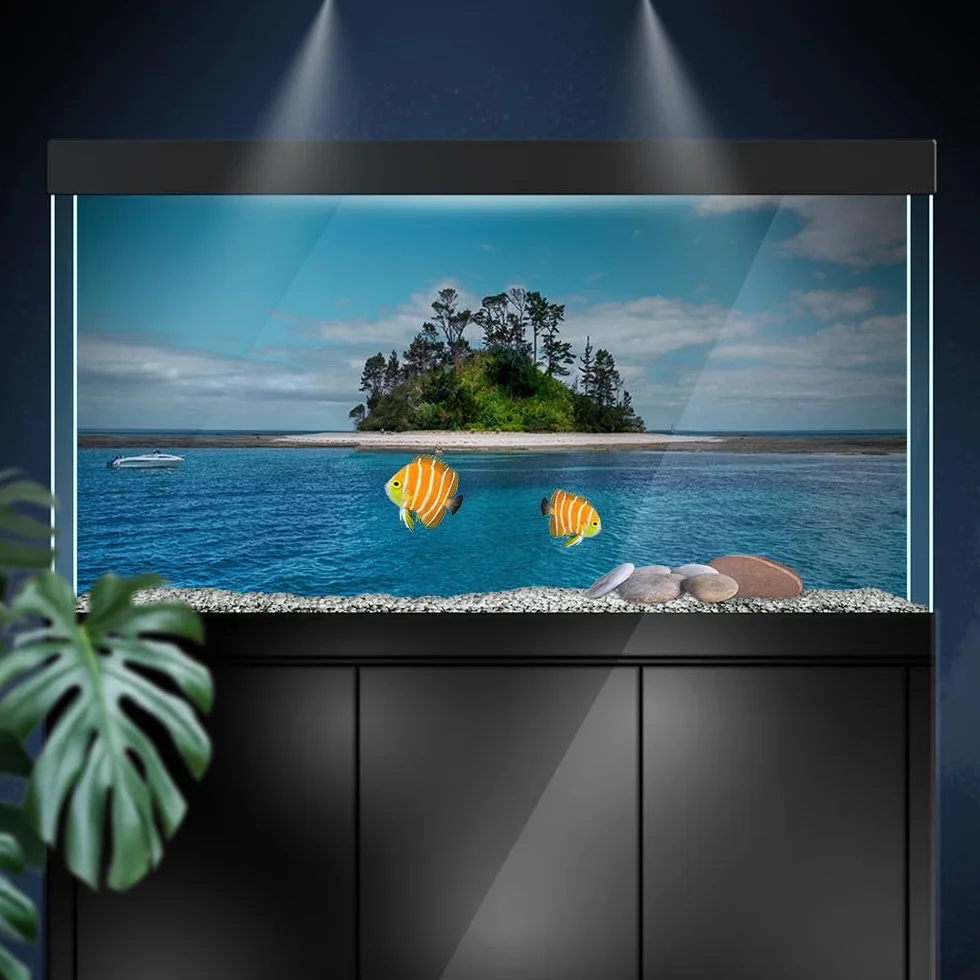 Adesivo per sfondo acquario, isola tropicale, autoadesivo, per terrario e rettili, poster decorativo (80 x 40 cm)
