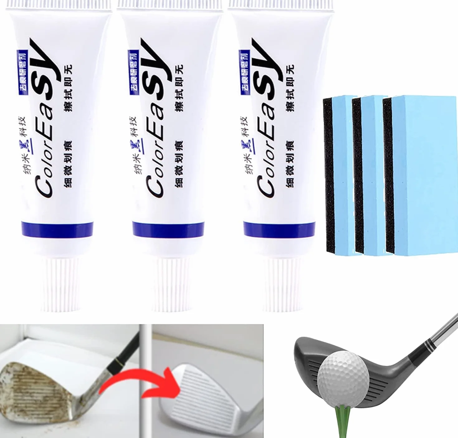 Rimozione istantanea del graffio della mazza da golf, rimuove efficacemente i graffi da mazze da golf, detergente per mazze da golf, detergente per mazze da golf con spugna (3 pezzi)