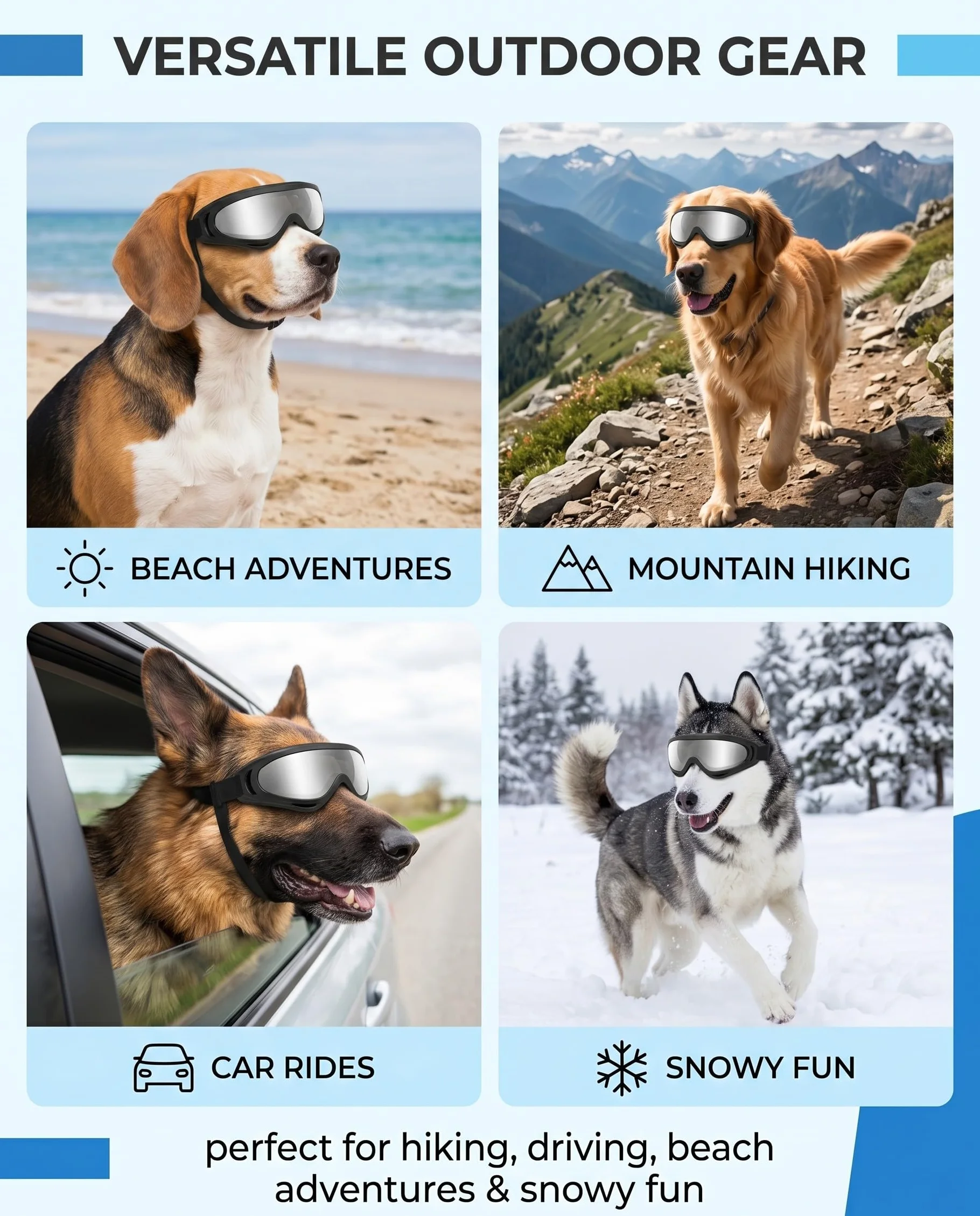 Occhiali per Cani Protezione UV, Occhiali da Sole per Cani Antivento per Cani di Taglia Media e Grande con Cinghie Regolabili, Maschera con Lenti Argentate per Guida Attività all'Aperto