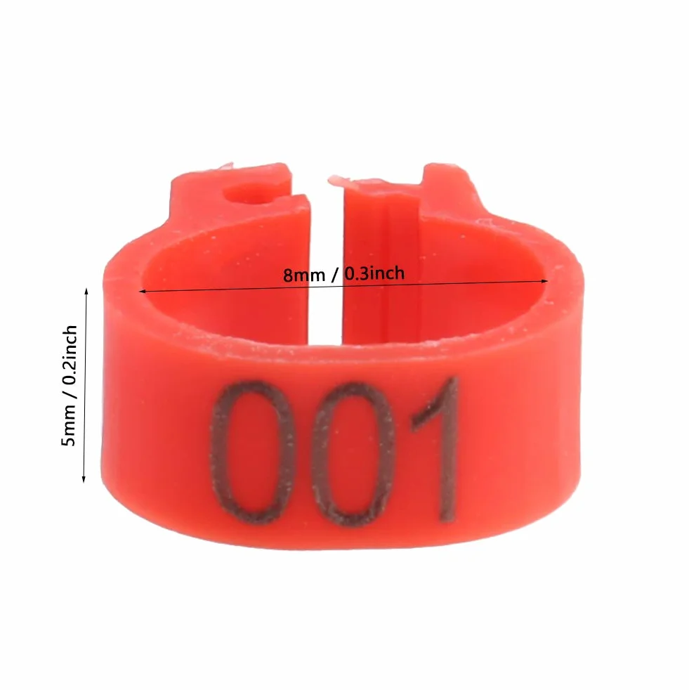 Tnfeeon 100PCS/Bag 8MM Anelli plastica per Fasce per piccioni, 001-100 Anelli plastica numerati 001-100 con Numero(Rosso)