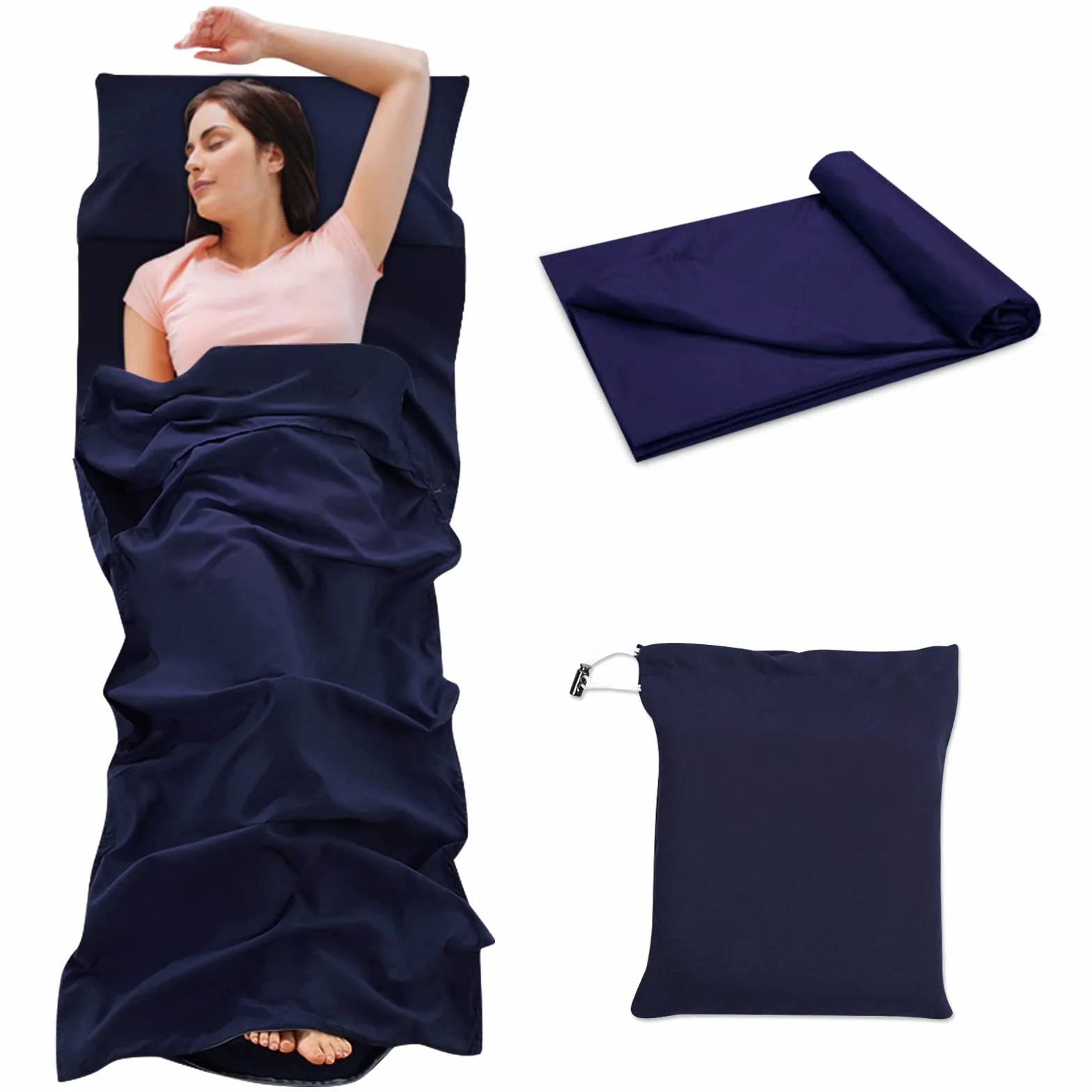 NiCoLa Sleeping Bag Liner, Lightweight Sleep Bag Liner 210 x 115 cm, Lightweight Travel Sheet with Zipper & Pillow Slot for Camping, Hotel & Hiking