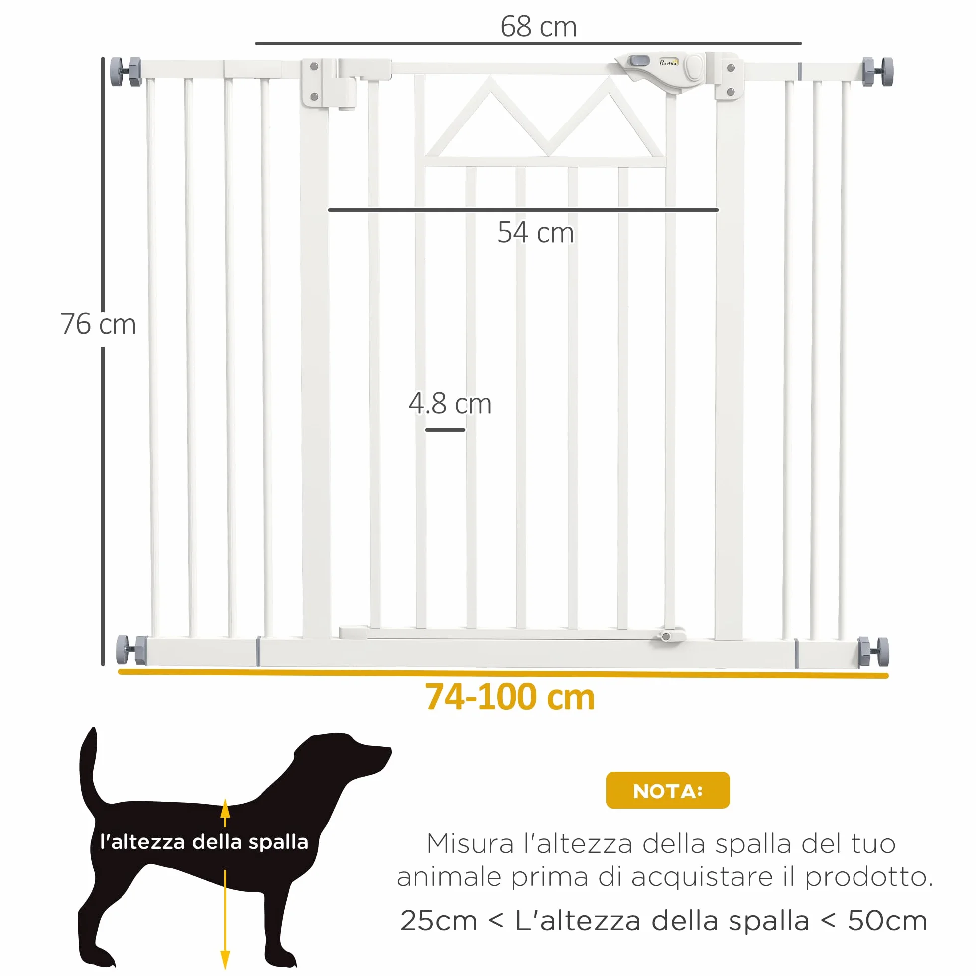 PawHut Cancello per Cani Regolabile 74-100x76cm Metallo Plastica Bianco
