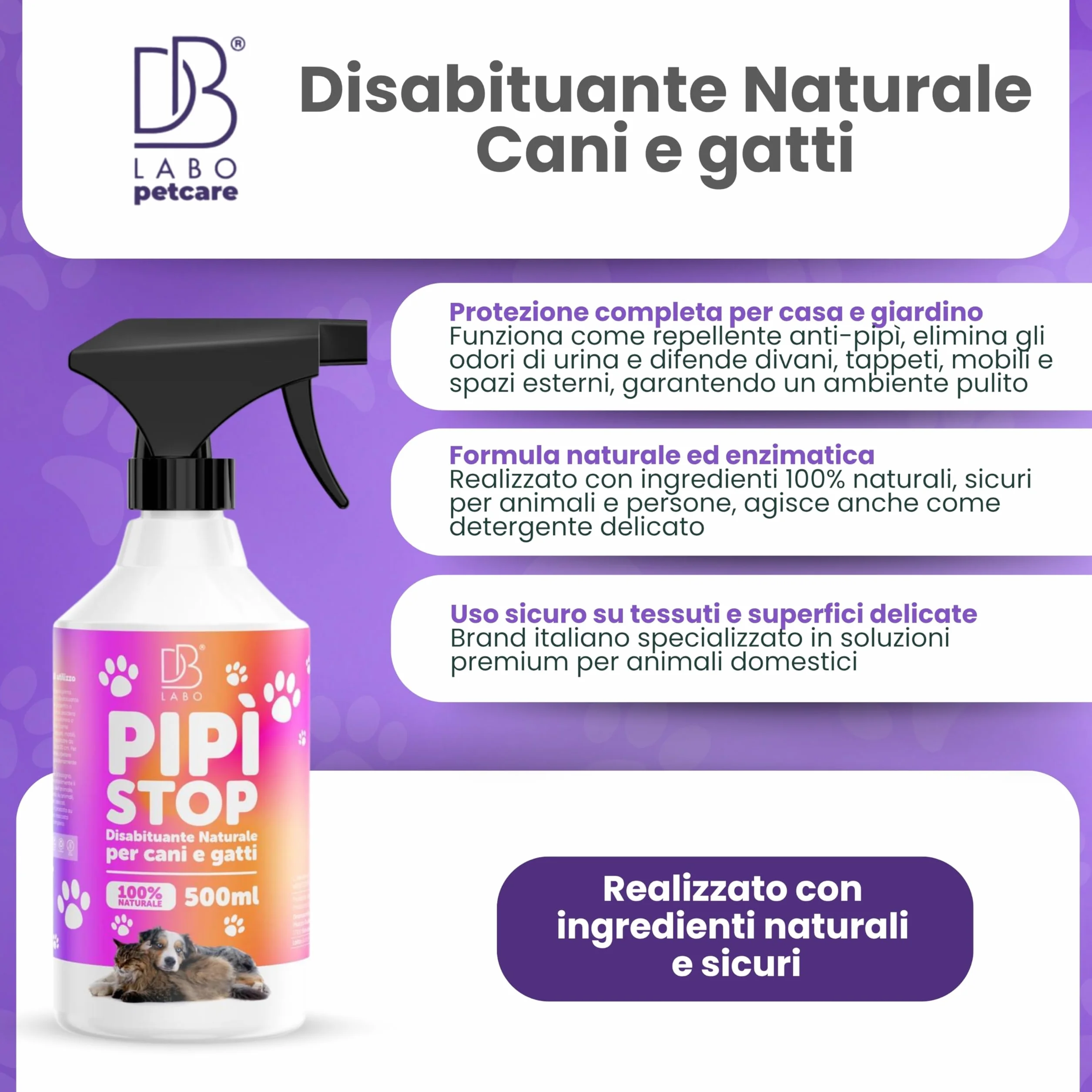 Spray Disabituante per Cani e Gatti 500ml, Repellente per Gatti, Anti Pipi, Dissuasori per Cani, Allontana Animali da Divano, Giardino e Pavimenti, Urine off Gatti, Uso Interno ed Esterno