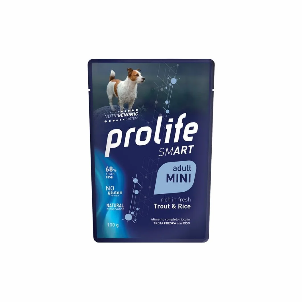 Prolife Umido Cane Adult Trota e Riso, alimento completo per cani adulti di tutte le taglie, Prolife Smart, gusto Trota e Riso | 12 bustine da 100 grammi l’una.
