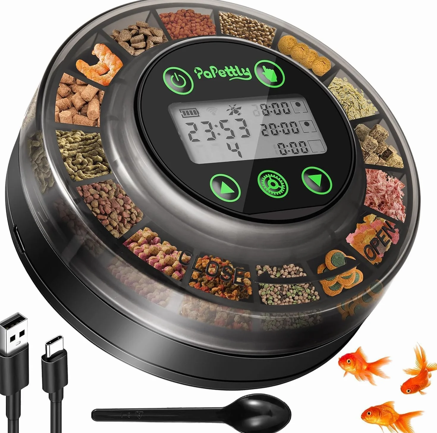 Papettly Mangiatoia Automatica Acquario - Distributore Automatico Cibo Pesci per Acquario per Rossi e Tartarughe con Cavo USB e Display LCD, Mangiatoia Pesci con Timer e Cucchiaio per Pesci