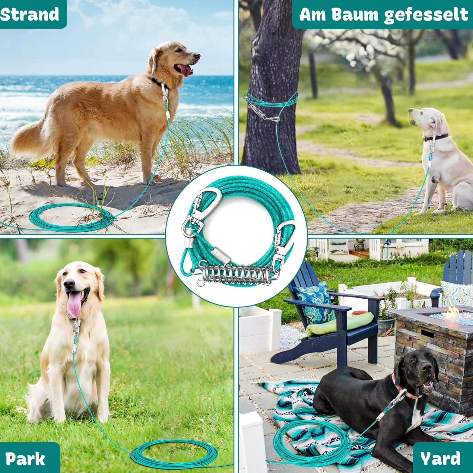 Guinzaglio da cortile per cani, 15 m, in lino, per cani con chiusura a vite, guinzaglio con molla ammortizzante fino a 50 kg, per animali domestici, resistente al morso, per campeggio.