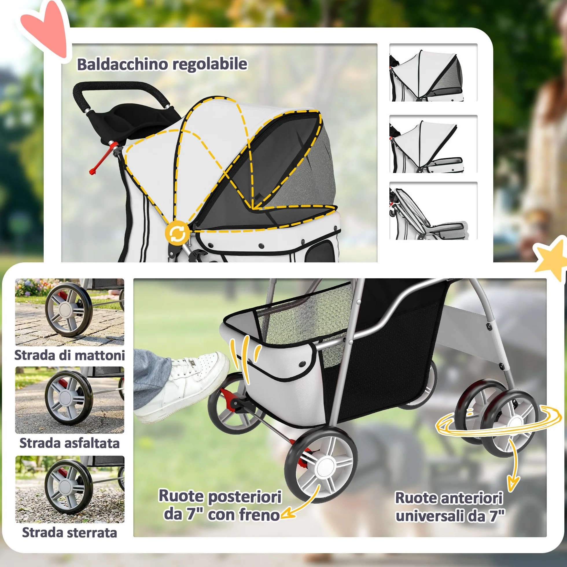 PawHut Passeggino per Cani Pieghevole Carrello per Animali Domestici Carrello Carrozzina Grigio 75 x 45 x 97cm